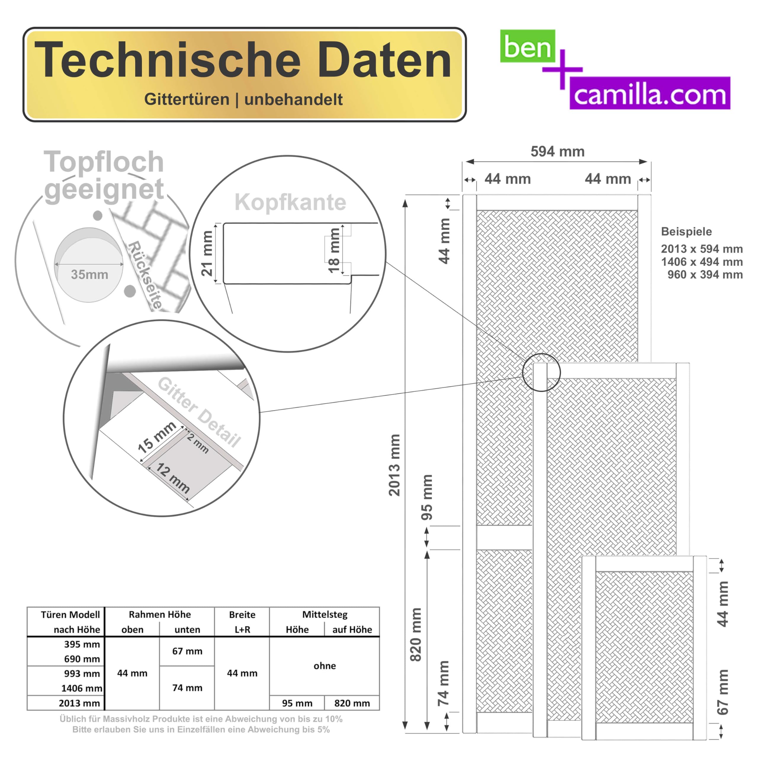 Gittertür 201,3 x 59,4 cm | Hochwertige Kiefer Massivholztüren - unbehandelt für Schrank- & Möbelbau oder Heizungsverkleidung