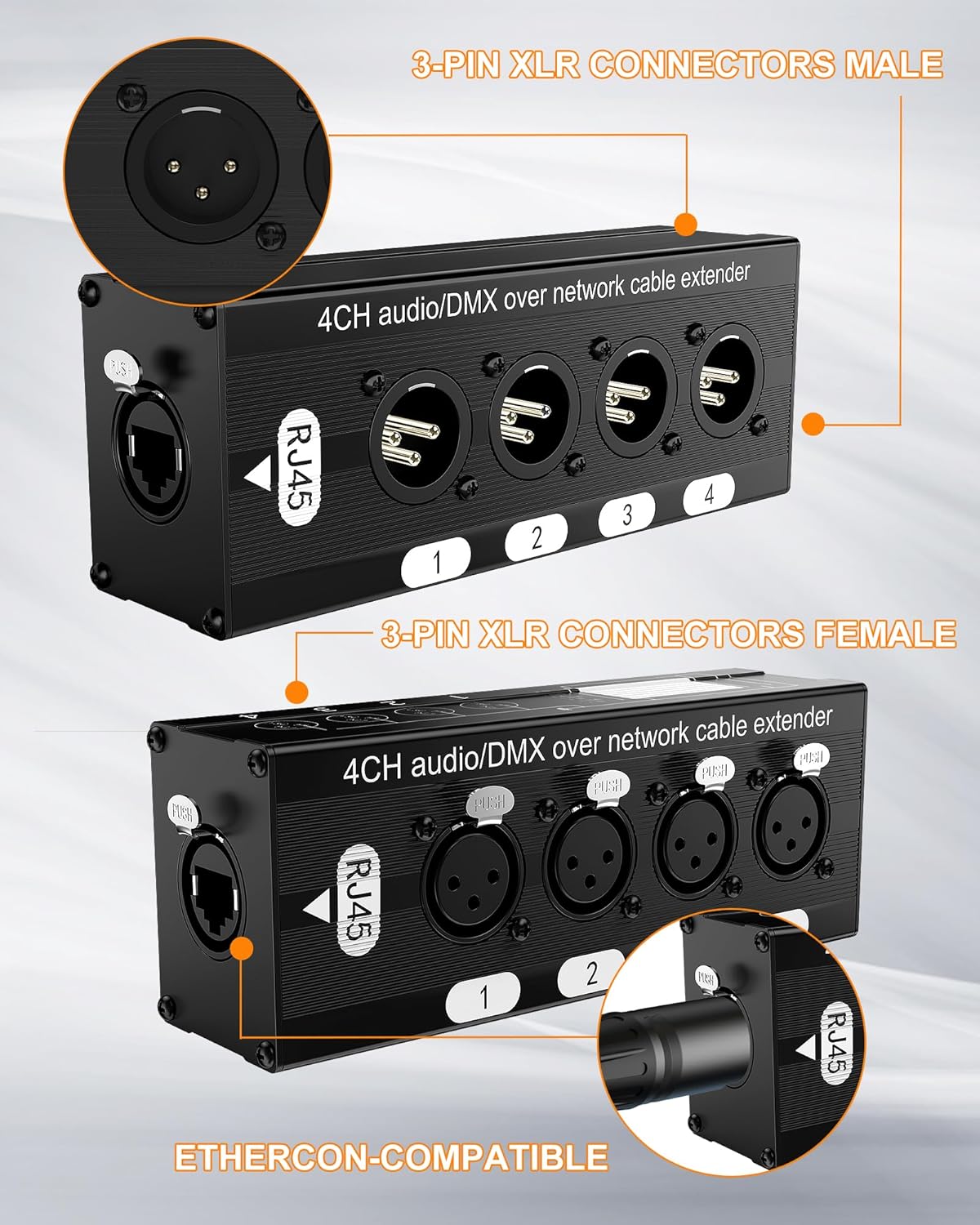 XLR Snake, 4 Channel 3 Pin Multi Network XLR Cable Breakout, Male Female to RJ45 Ethercon for Stage Sound Lighting and Recording Studio with no Cable (1 Pair: 4 XLR Male + 4 XLR Female)