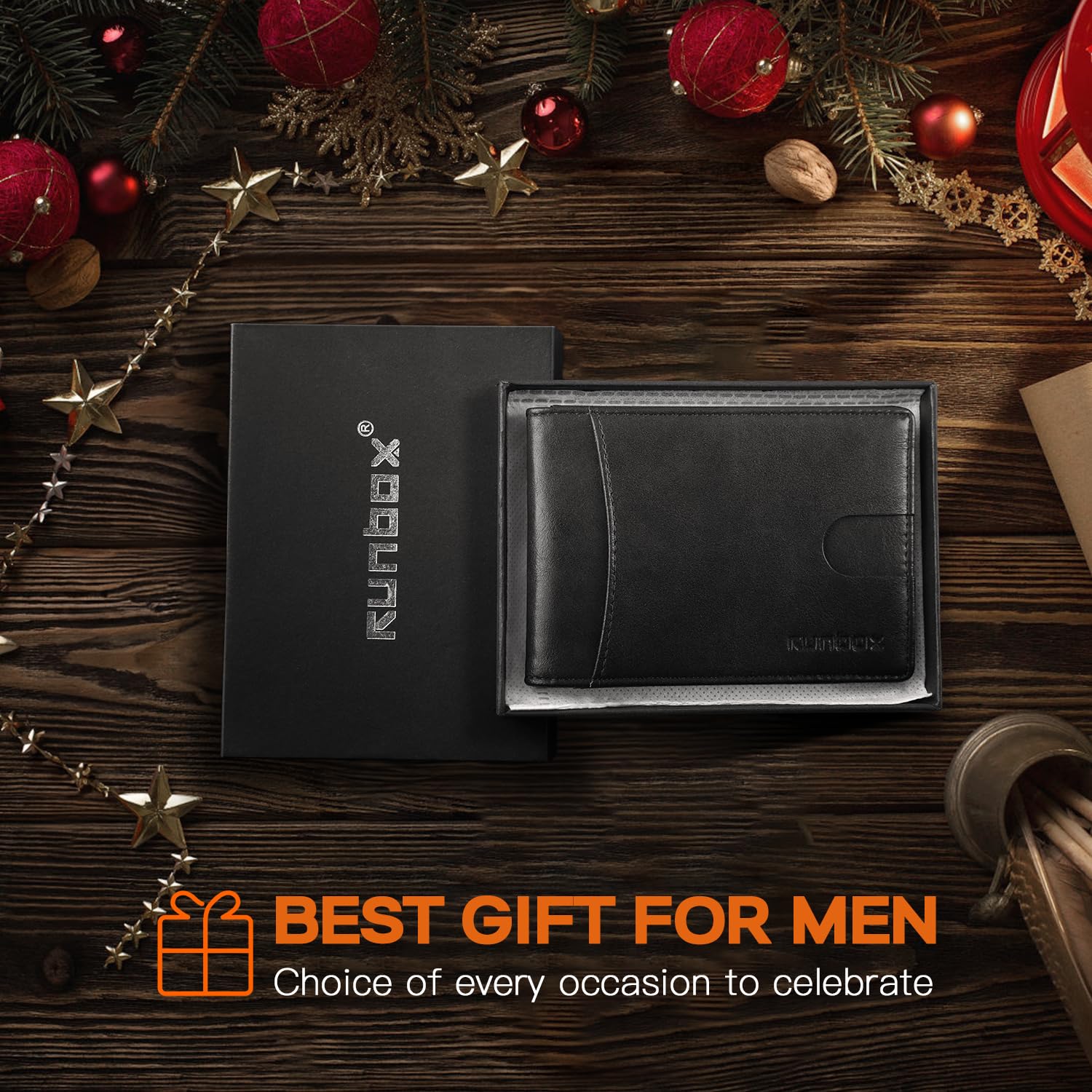 RUNBOX Slim Wallet for Men Genuine Leather RFID Blocking Bifold Minimalist Front Pocket Mens Wallet with Money Clip Thin Gift Box