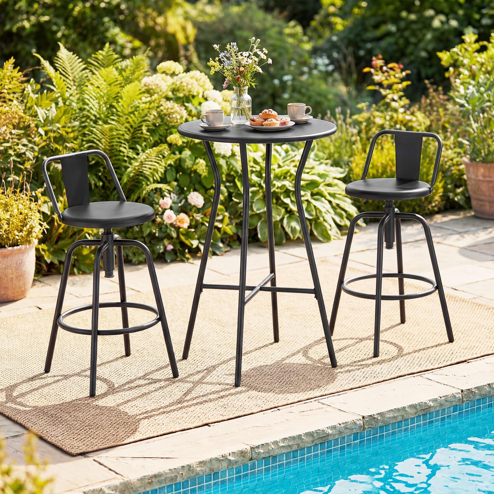 COSTWAY Mesa de Bar Alta Exterior, 55,5 x 93 cm, Mesa Alta Redonda con Reposapiés en Forma de X, Estructura de Metal, Interior y Exterior Terraza Patio, Negro