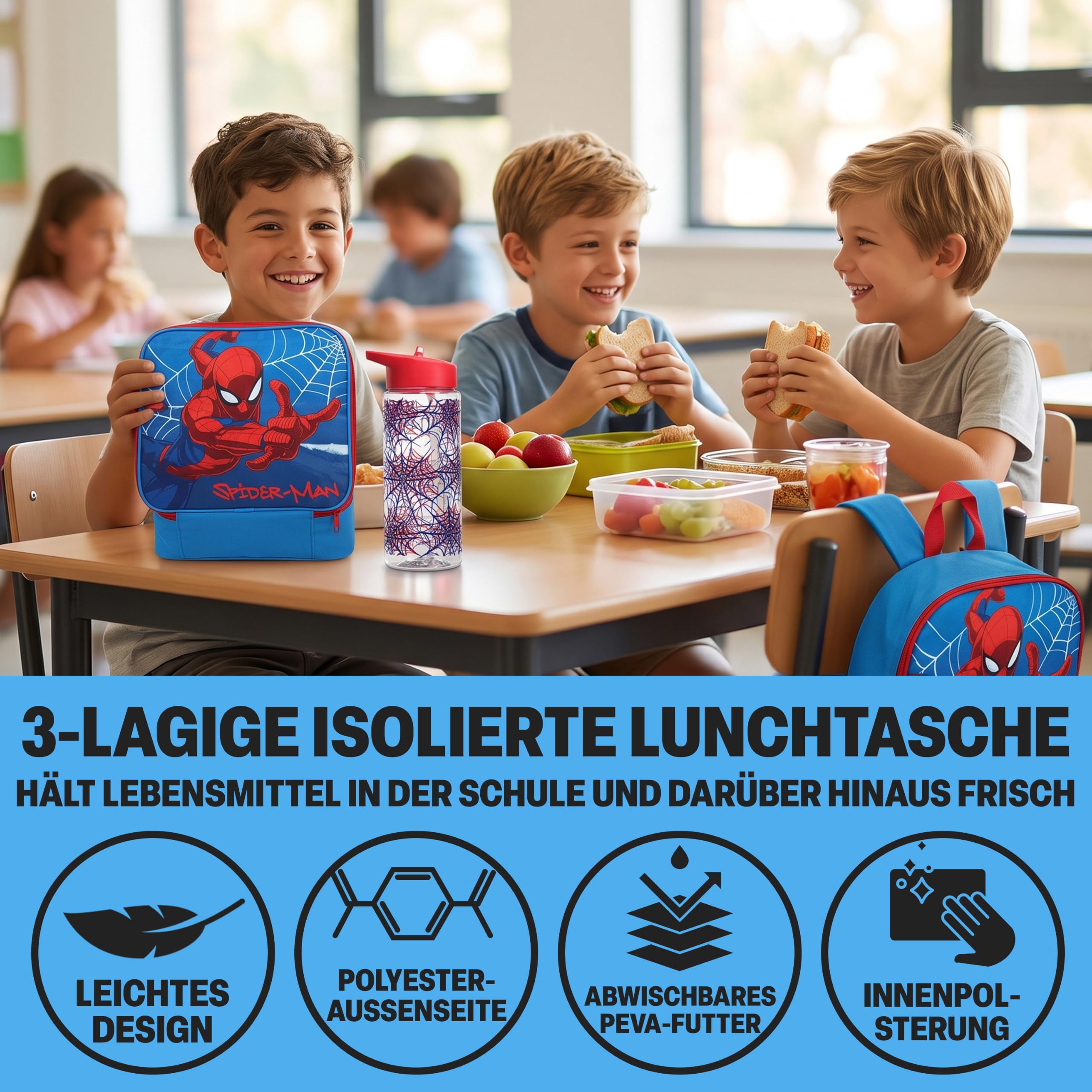 Get Trend Marvel Spidey Rucksack Kinder 4er Set, Großer Kinderrucksack 46cm, Trinkflasche 500ml, Federmäppchen & Isolierte Lunchtasche, Geschenk für Kinder (Blau/Multi Spiderman)