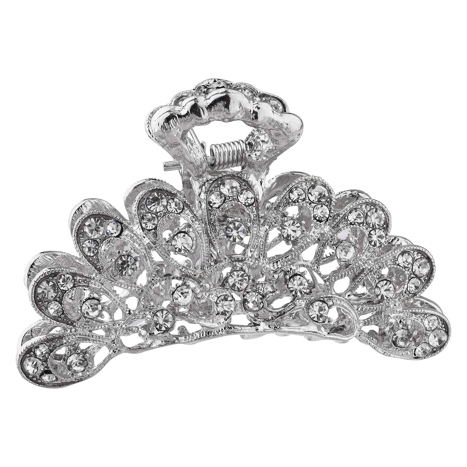 LUX ACCESSORIESSilver Clear Crystal Rhinestones Peacock Feather Style Wedding Bridal Hair Claws