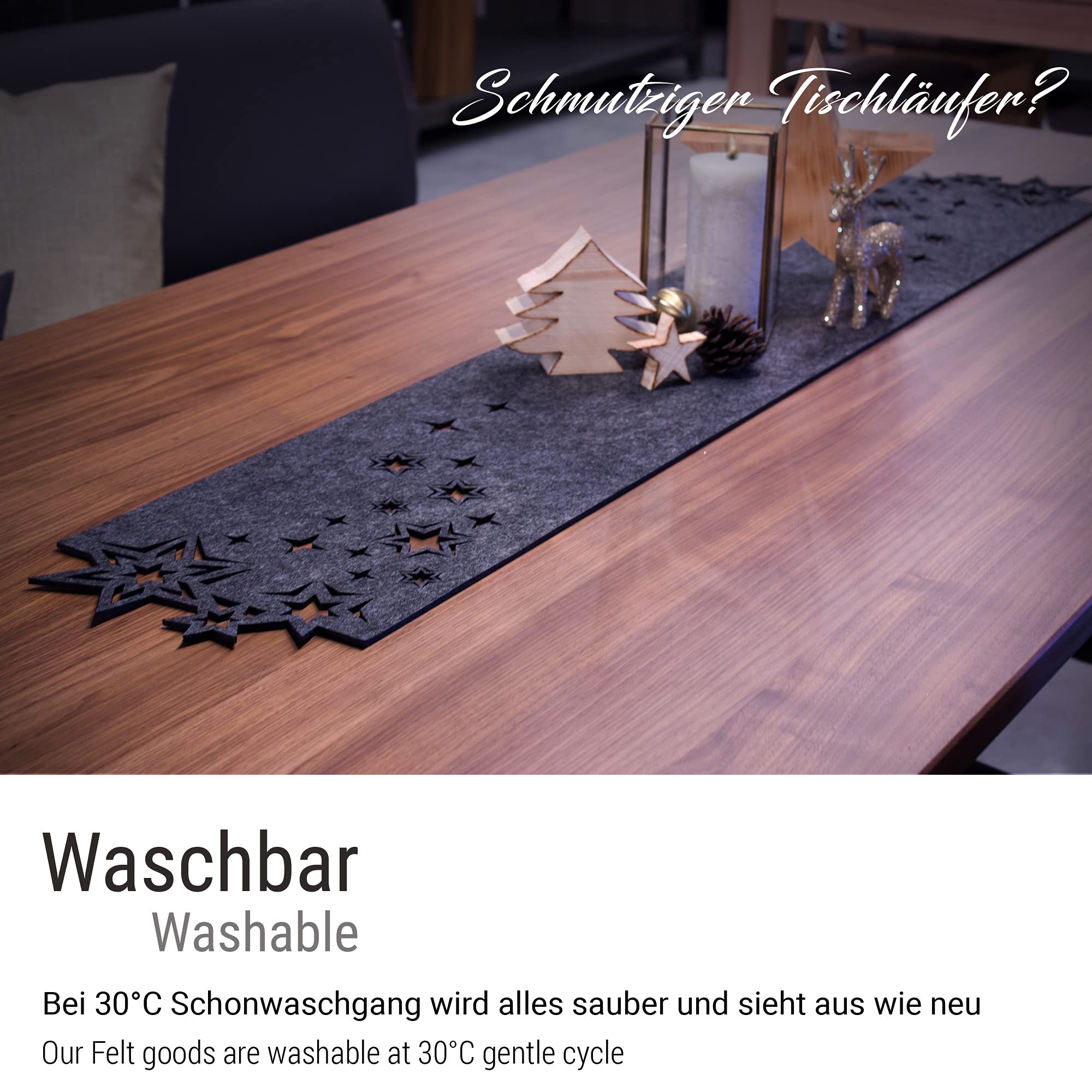 Tafelloper van vilt, afwasbaar, tafelband, tafelkleed, stijlgrijs, hittebestendig, vilten tafelloper, tafelbescherming (zwart_blad, 30 x 120 cm