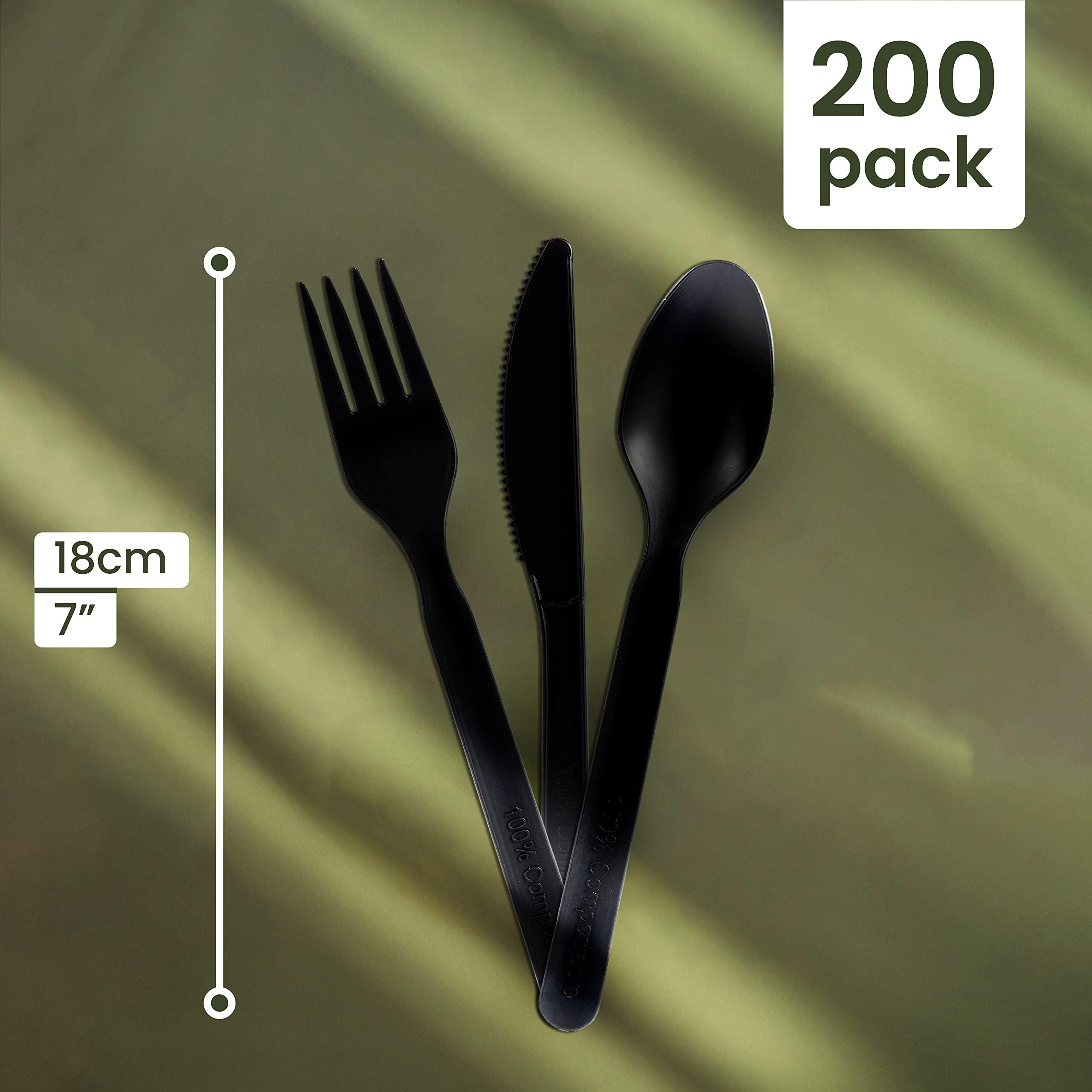 HAAGO 180 Posate in PLA (Nero) - 60 Coltelli, 60 Forchette, 60 Cucchiai - Solidi & Ecologici - Feste, Picnice, Matrimoni, Compleanno