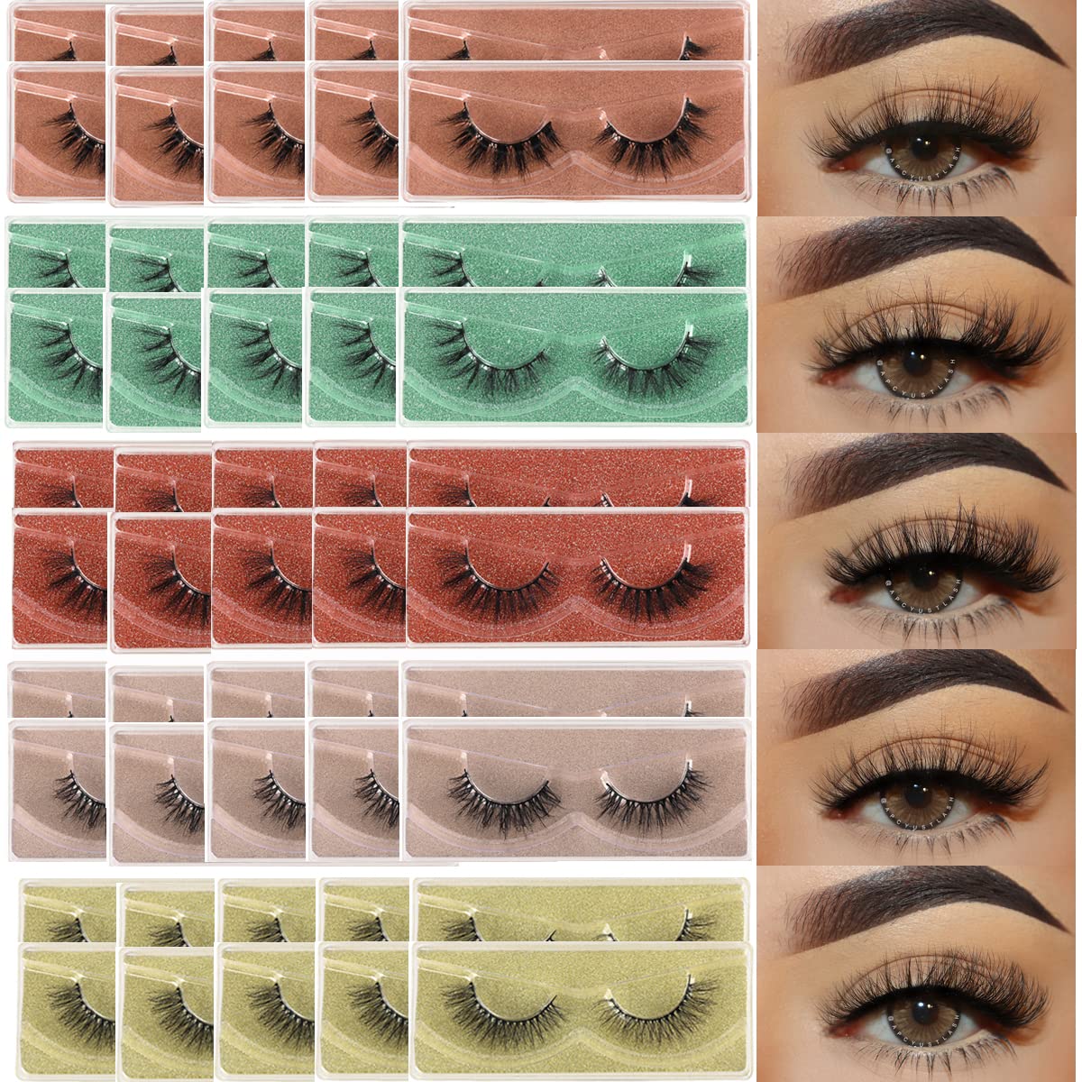 Lashes Bulk 50 Pair Wholesale Short Lash Natural Look Fluffy Mink Eyelashes 5D Faux Mink False Lash Cat Eye Fake Eyelash Soft Wispy Strip Eye Lashes with Individual Portable Lash Pack