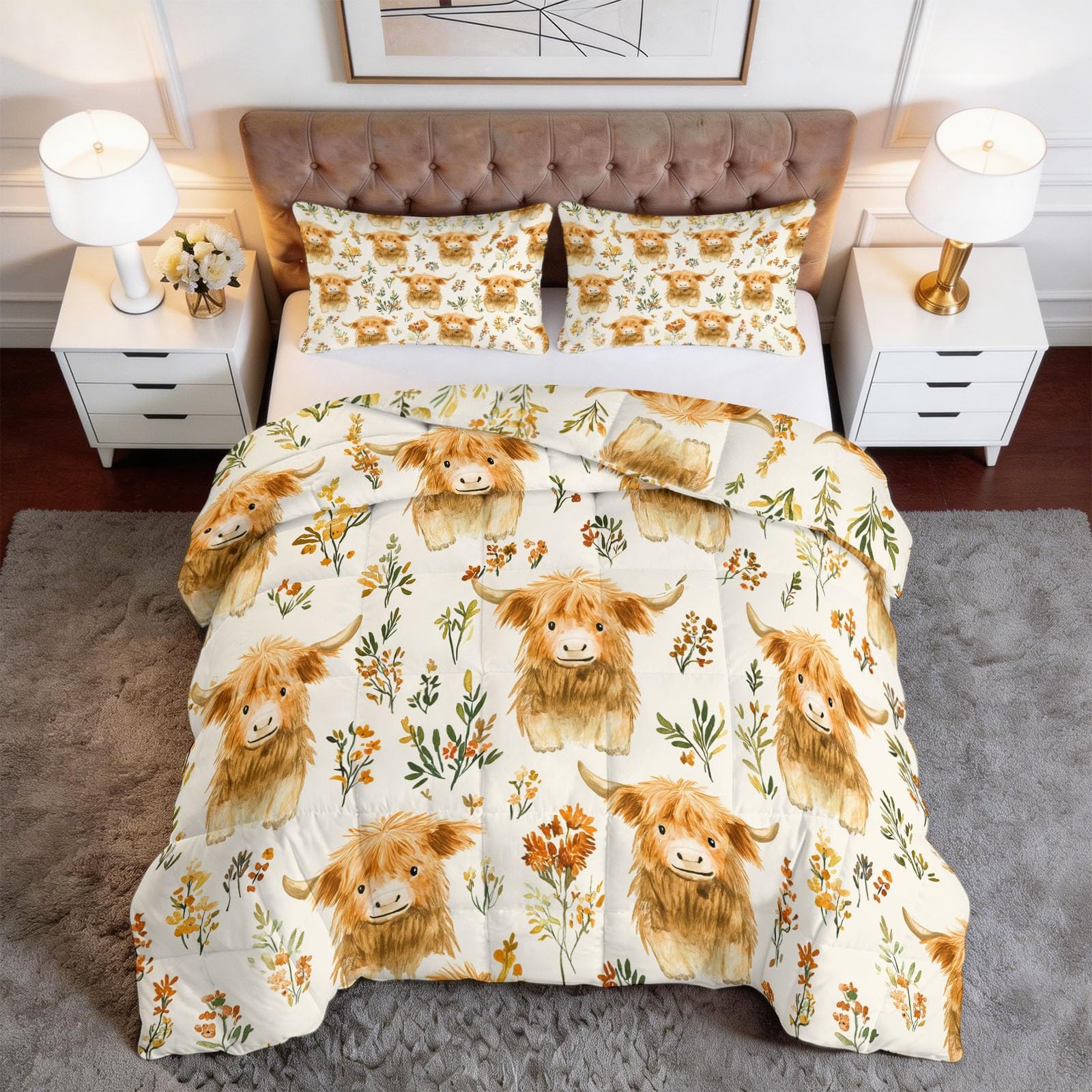 Edredon Relleno nordico Cama Infantil Algodón - Animal Ganado de las Highlands Campo Granja Cama 180 - Bebe rellena Juego de Manta 260x240 cm con Almohada 50 x 75 cm por niños e niñas Amarillo mostaza