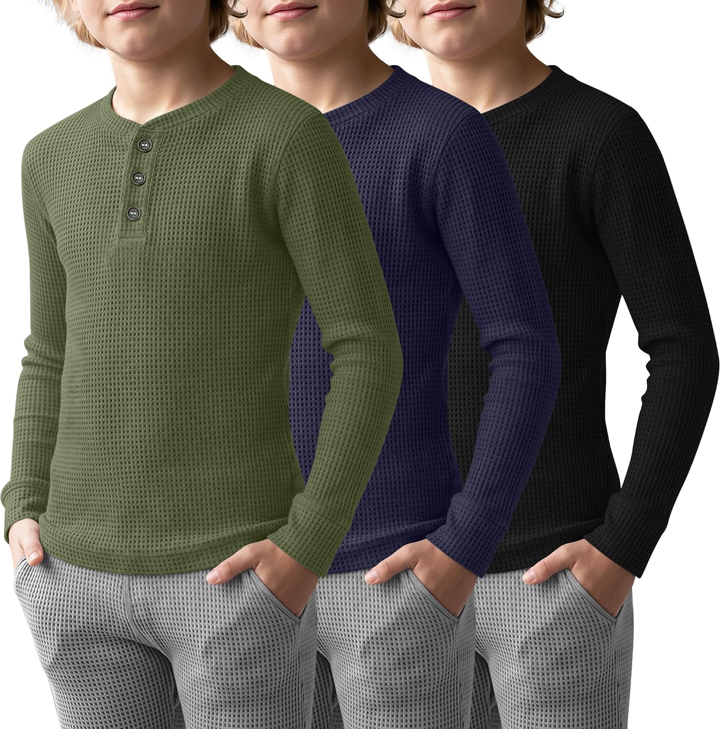 3 Pack Boys Long Sleeve Henley Waffle Knit Shirts
