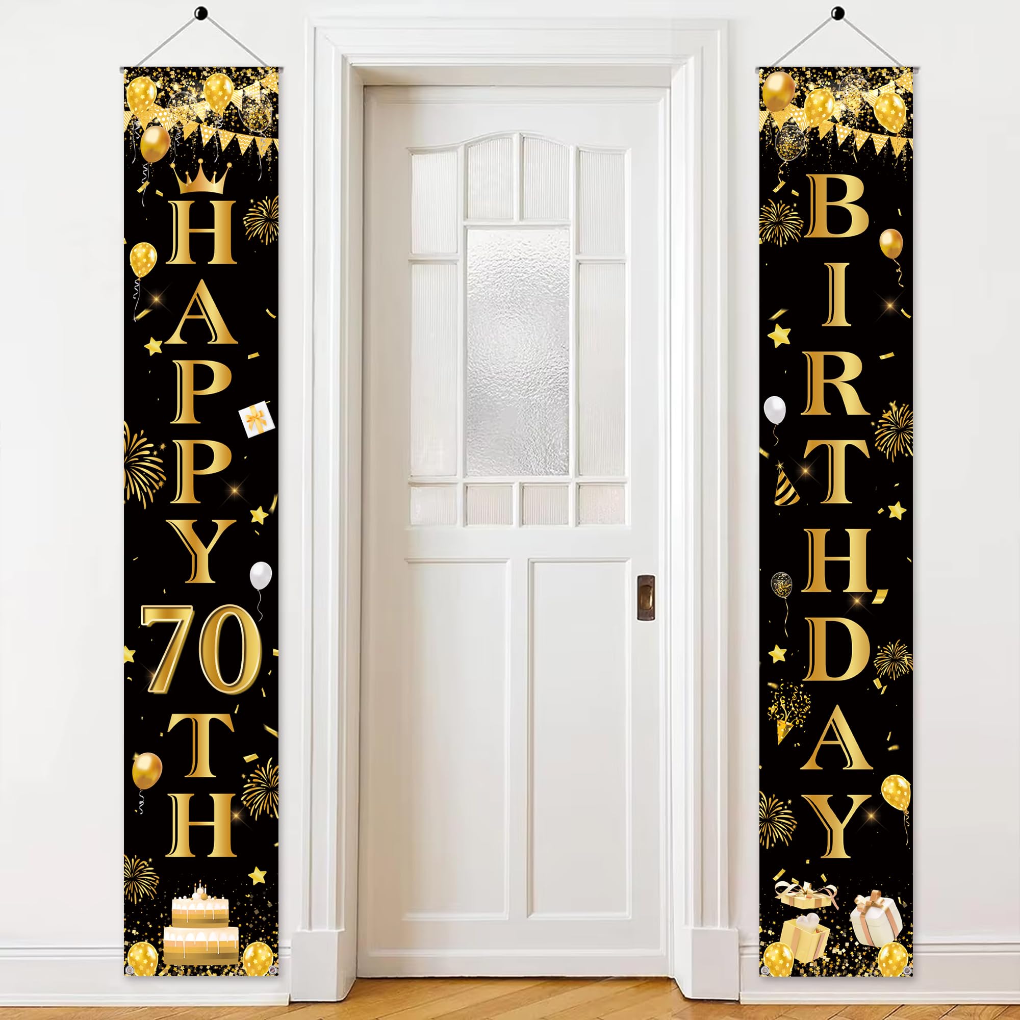 70th Birthday Decorations Banner Men - Black Gold Birthday Party Door Porch Sign, Happy 70 Years Old Door Banners for Party Decoration Supplies