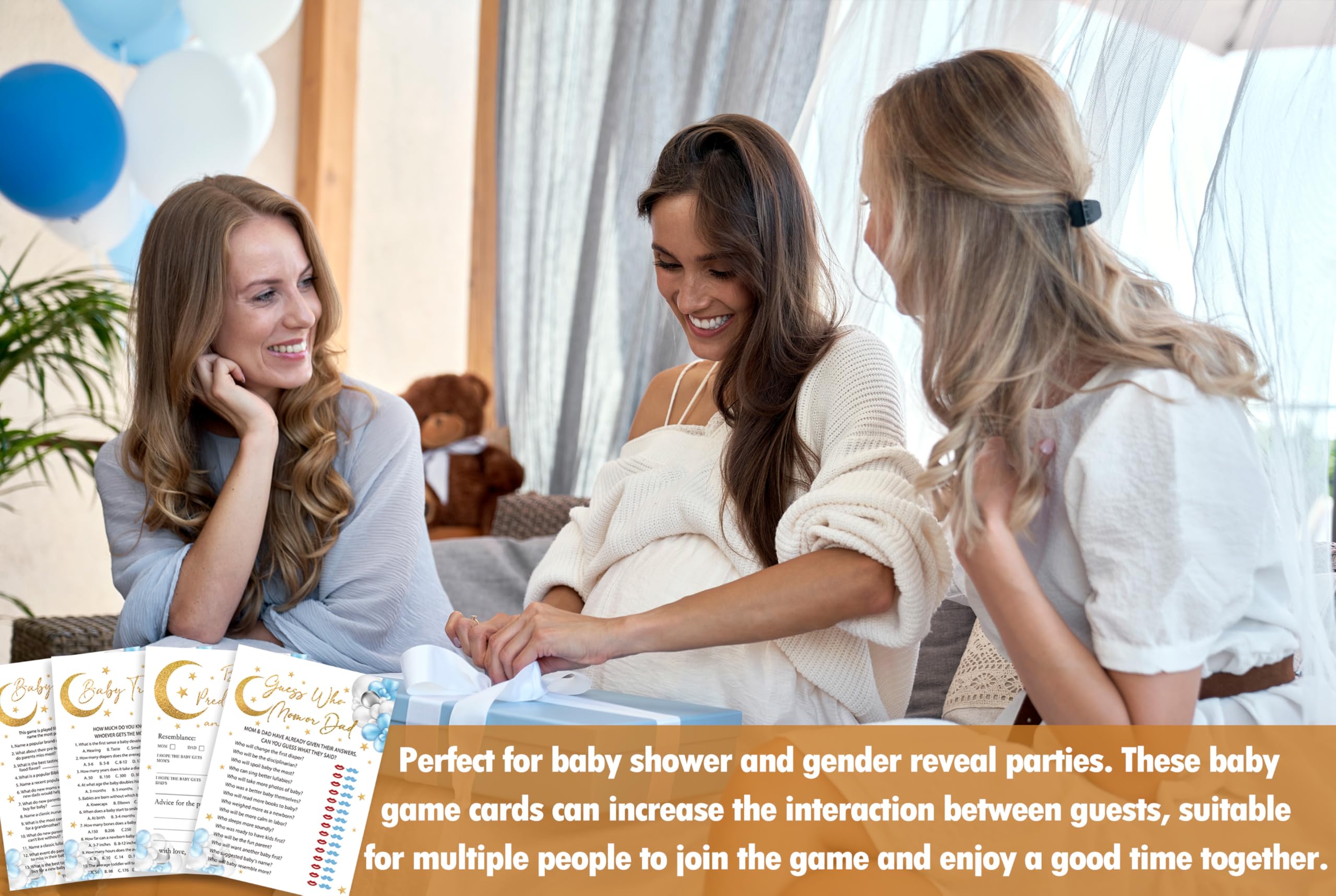 Moon Stars - Juego de juegos para baby shower, 4 juegos que incluyen trivia de bebé, pelea de baby shower, predicciones y consejos para bebés, Adivina quién mamá o papá, 50 tarjetas de doble cara y 1