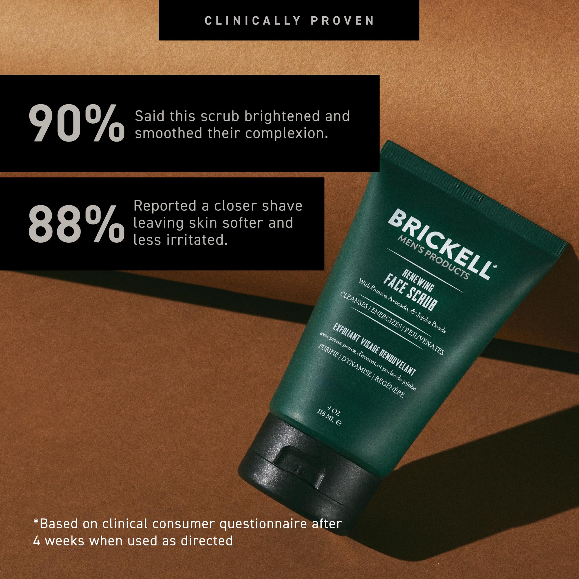 Brickell Men‘s Renewing Face Scrub - Natürliches und organisches Gesichtspeeling für Männer - Porentiefe Gesichtsreinigung mit Jojoba Perlen, Kaffee-Extrakt und Bimsstein - 118 ml - Parfümiert