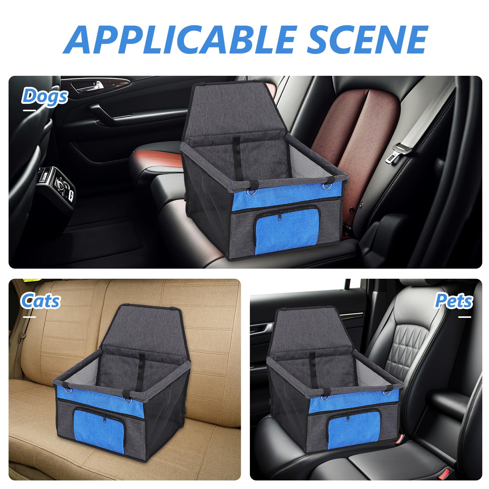 Seggio Auto per Cani Portatile con Tasca Anteriore in Oxford Blu