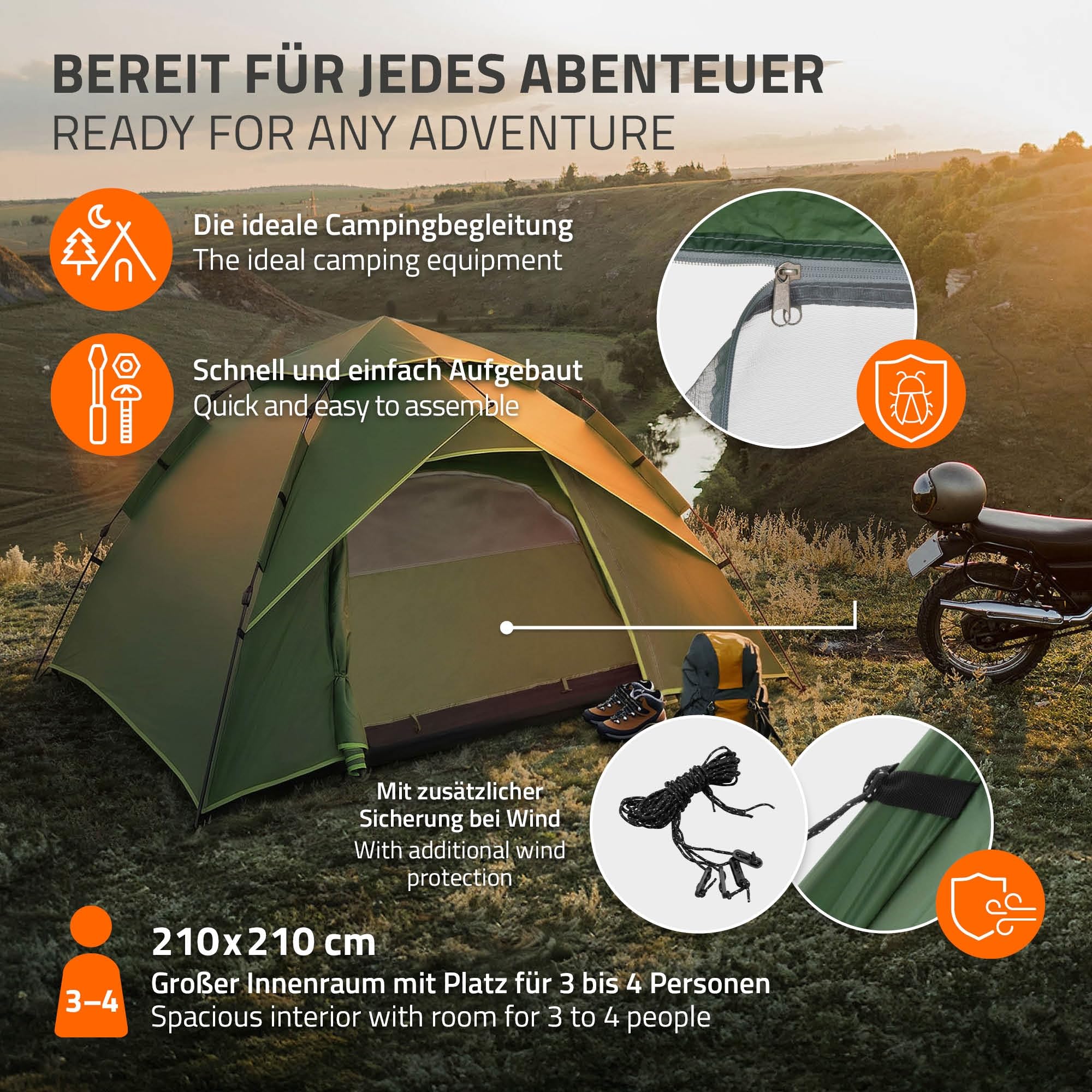 ECD Germany Tente Pop Up 4 Personnes, Résistante au Vent et Respirante, Tente de Camping Plage, Imperméable Légère, Dôme à Double Couche pour Randonnée Pêche avec Sac de Transport, Vert/Gris