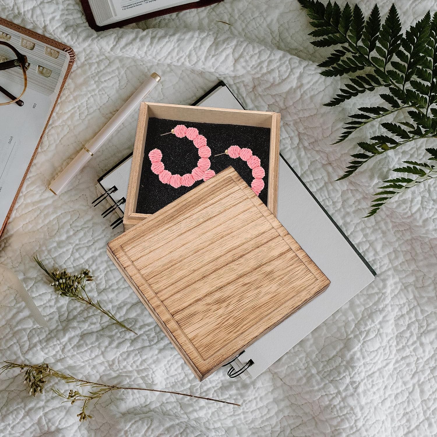 Wooden Jewelry Case Box with Sponge Liner, Khaki Square Storage image 5