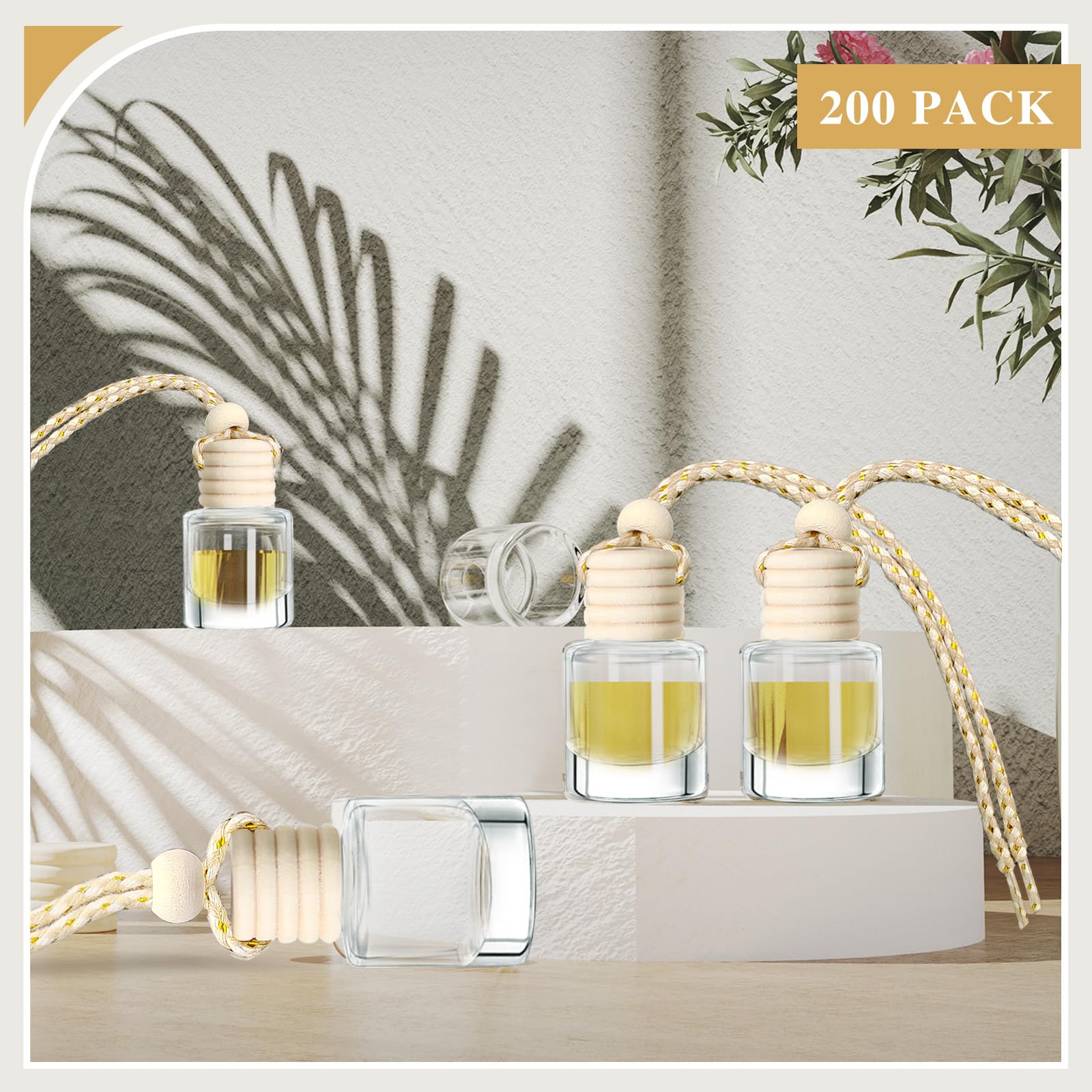 200 ambientadores colgantes de 8 ml para coche, botellas difusoras de aceites esenciales vacías transparentes para aromaterapia, fragancia, perfume, colgante, frascos de vidrio, decoración