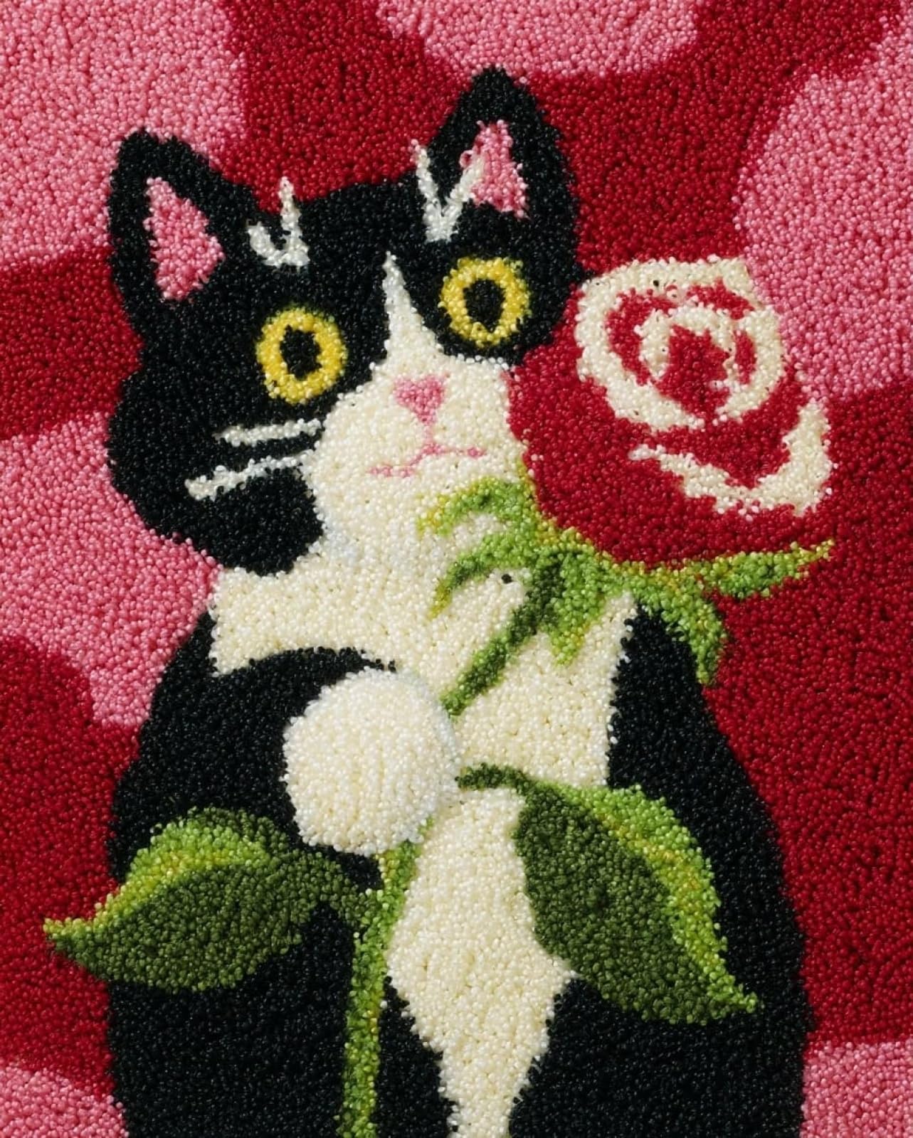 Wallphantom Latch Hook Kits for Adults,Cat Holding a Rose