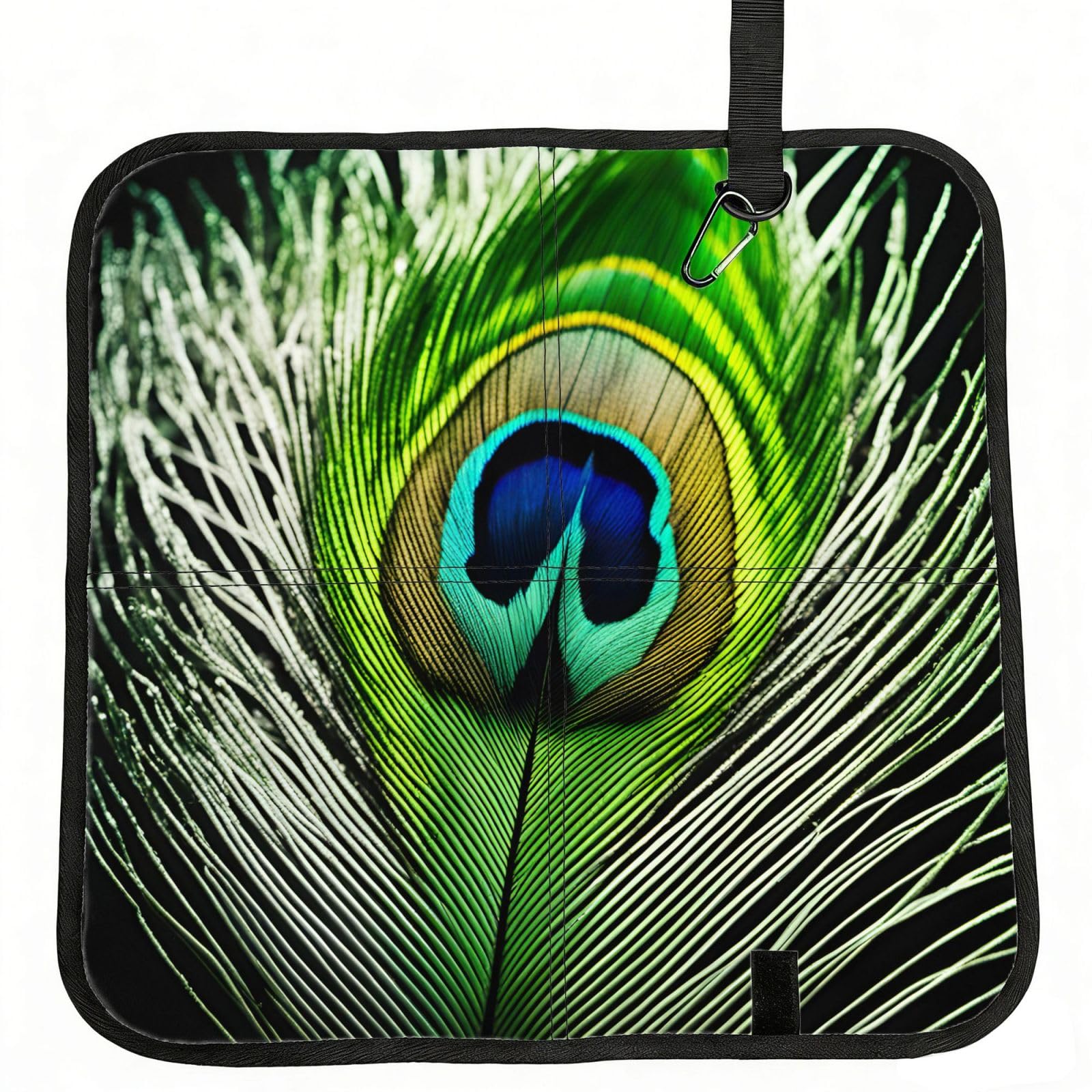 DIEzig Green Peacock Feather Printed Compact Foldable Sitting Pad Oxford Base, Portable Cushion for Fishing Sports Events