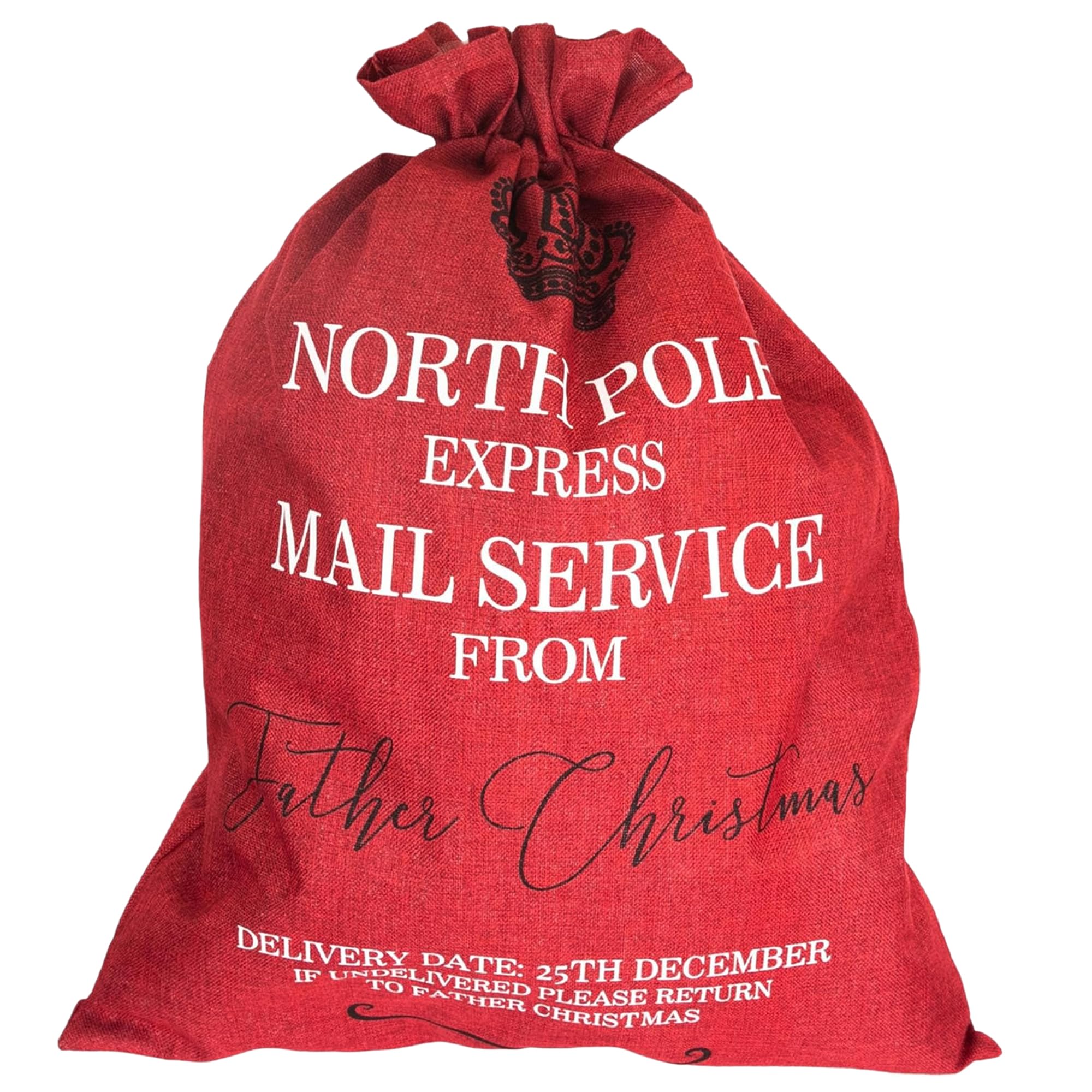 WedDecor Large Hessian Red Santa Sacks with North Pole Express Printed Design (60cm X 80cm) Drawstring Closure | Christmas Stockings Sack for Gifts, Holiday Treats, and Decorations, Kids Gifting — image 1