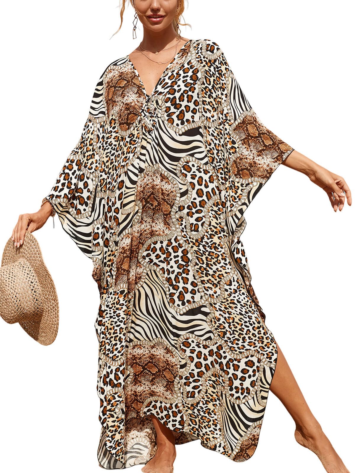 Womens Plus Size Animal Print V-Neck Batwing Kaftan Beach Dress Bathing Suit Cover-Up Loungewear