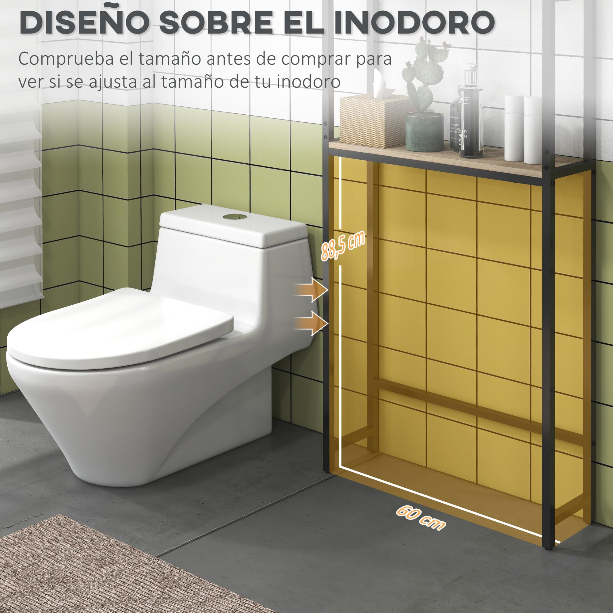 kleankin Mueble sobre Inodoro, Organizador sobre WC con 2 Puertas, Estante Ajustable, Estante Abierto, Estantería de Baño Encima WC para Espacio Pequeño, 64x19x178 cm, Natural