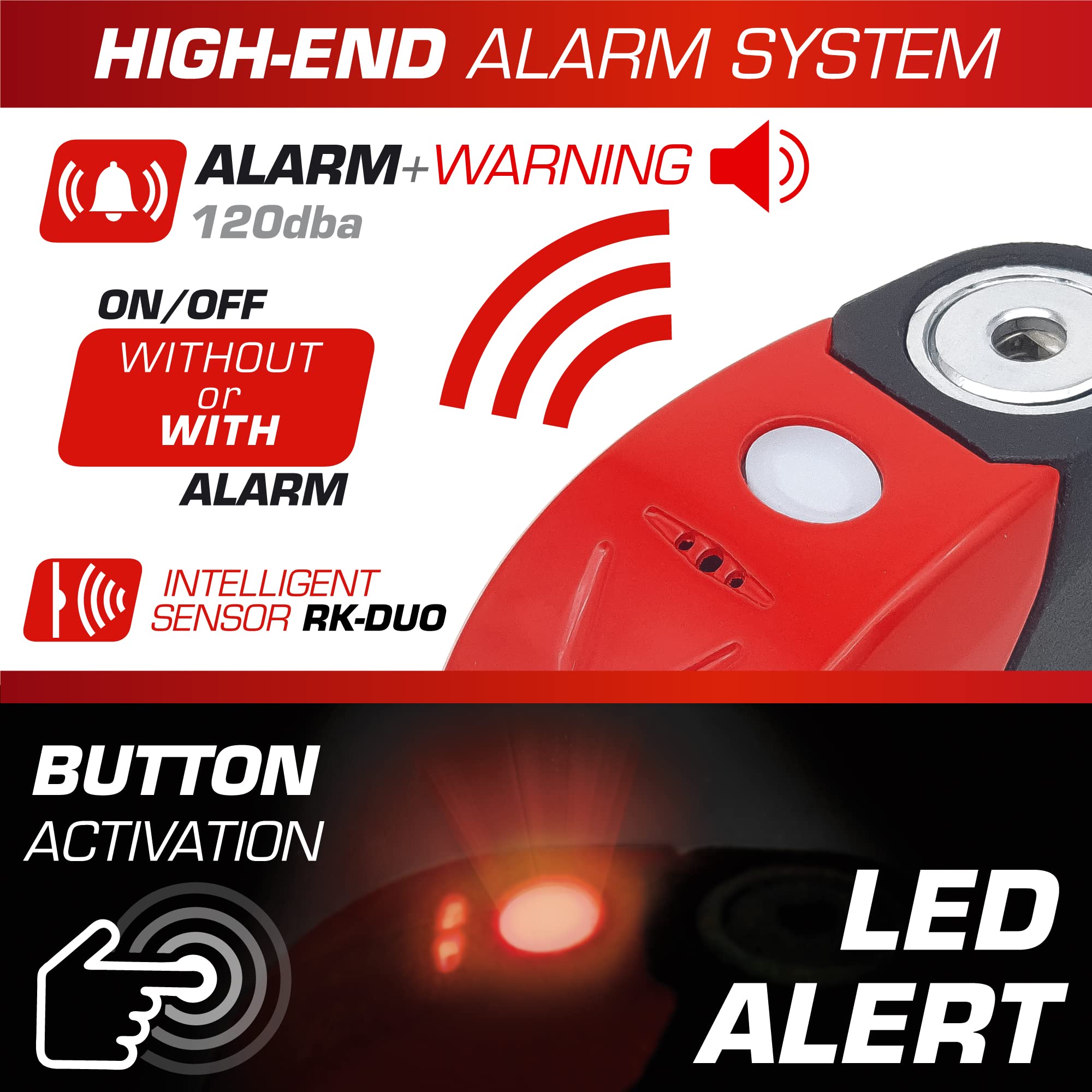 Radikal RK9, Motocykl Lock, zabezpieczający przed kradzieżą Disc, 120 dB Alarm z Chime + LED, Universal