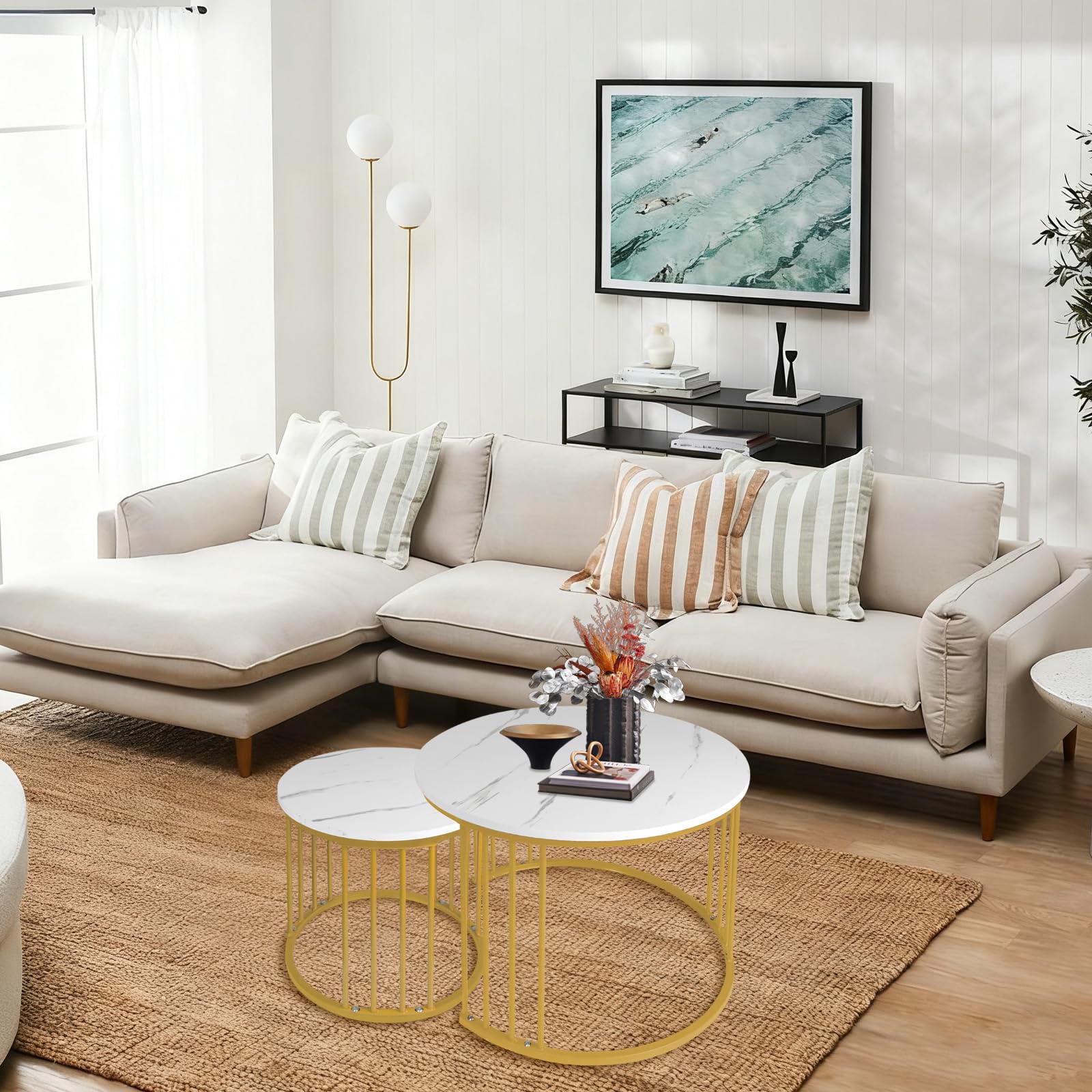OHMG Set mit 2 Beistelltischen, rund, 70/50 cm, runder Beistelltisch, modernes Design, Wohnzimmertisch aus Marmor, mit Fuß aus Stahl (weißer Marmor + goldene Beine)