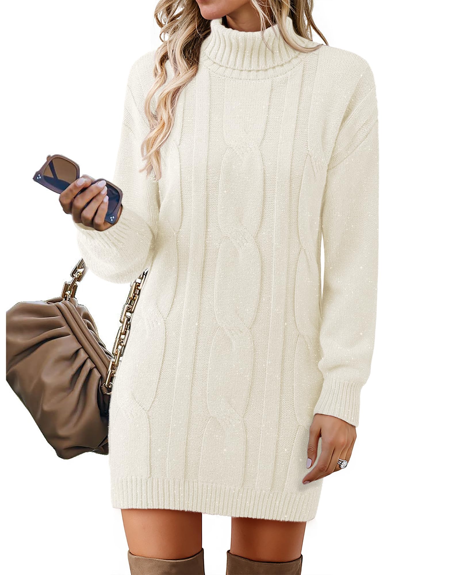 Womens Long Sleeve Turtleneck Sweater Dresses Ribbed Knit Stretchy Midi Casual Dress