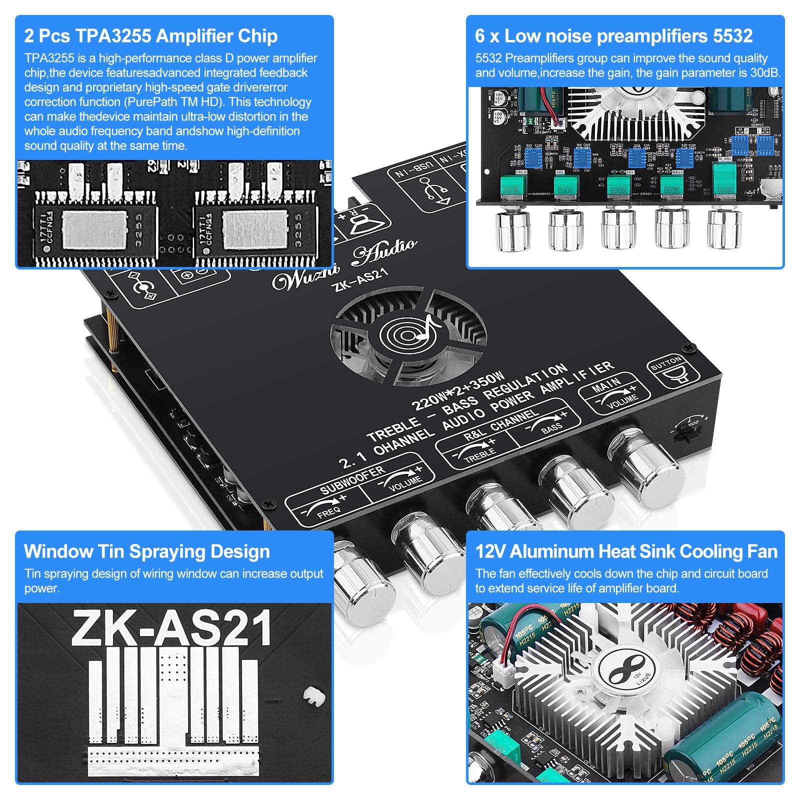 アンプ YSHK Bluetooth 5.1 Audio Amplifier Board, ZK-AS21 2.1 CH 160W x 2 +