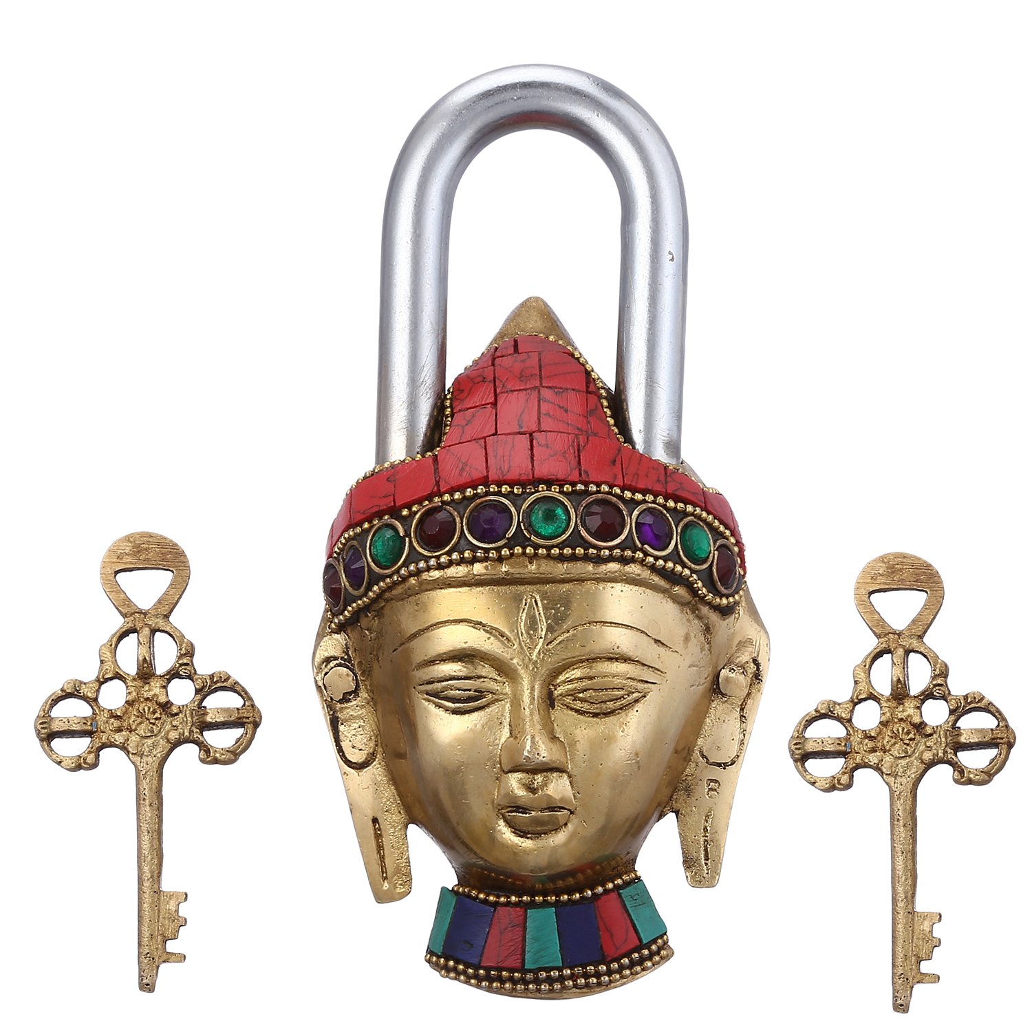 Purpledip Candado de latón: candado de Buda con Piedras Preciosas Seguridad y decoración (10946)