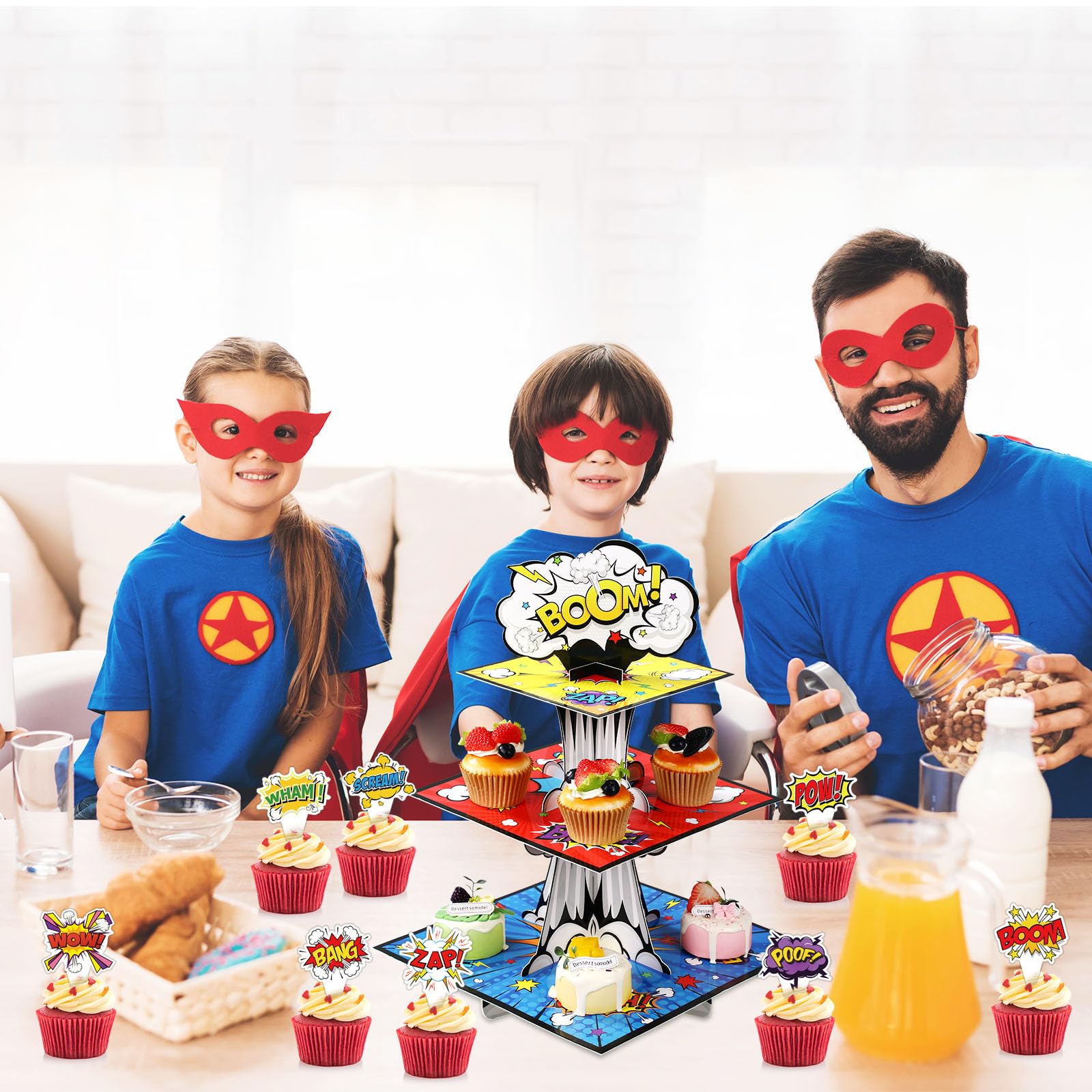 Zopeal Alzata per cupcake a 3 livelli con 24 decorazioni per cupcake a fumetti, espositore per dessert, decorazioni per feste di compleanno o baby shower per bambini, bomboniere per fumetti