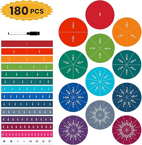 Miniatura 8 de Juego de 180 piezas de azulejos de fracción magnética y círculos de fracción manipulantes  Fracciones magnéticas Montessori para niños  Juego de
