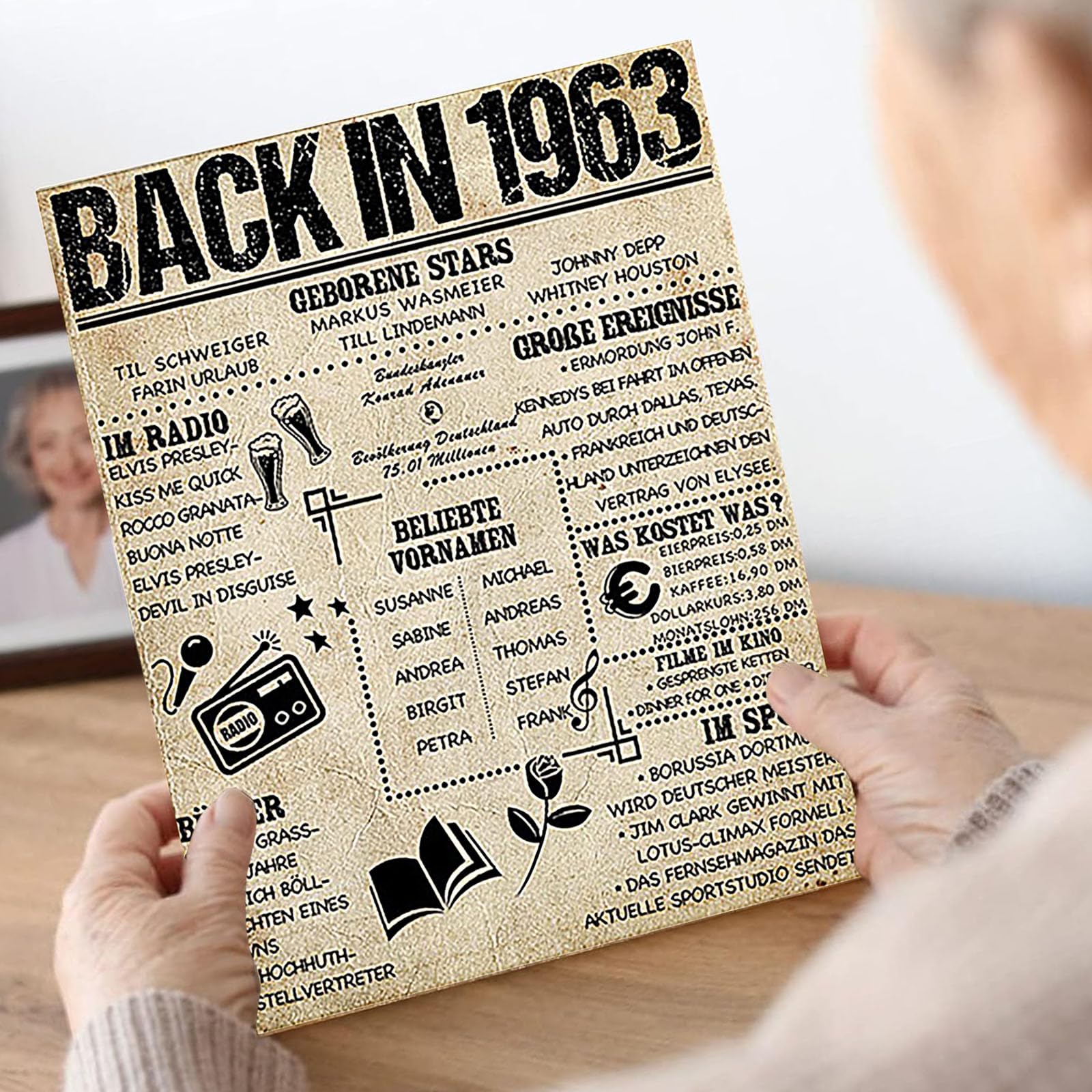 Poster personalizzato per il 60° compleanno senza cornice, retro in tela nel 1963 idea regalo compleanno, anniversario, foto personalizzate decorazioni di compleanno per uomini donne