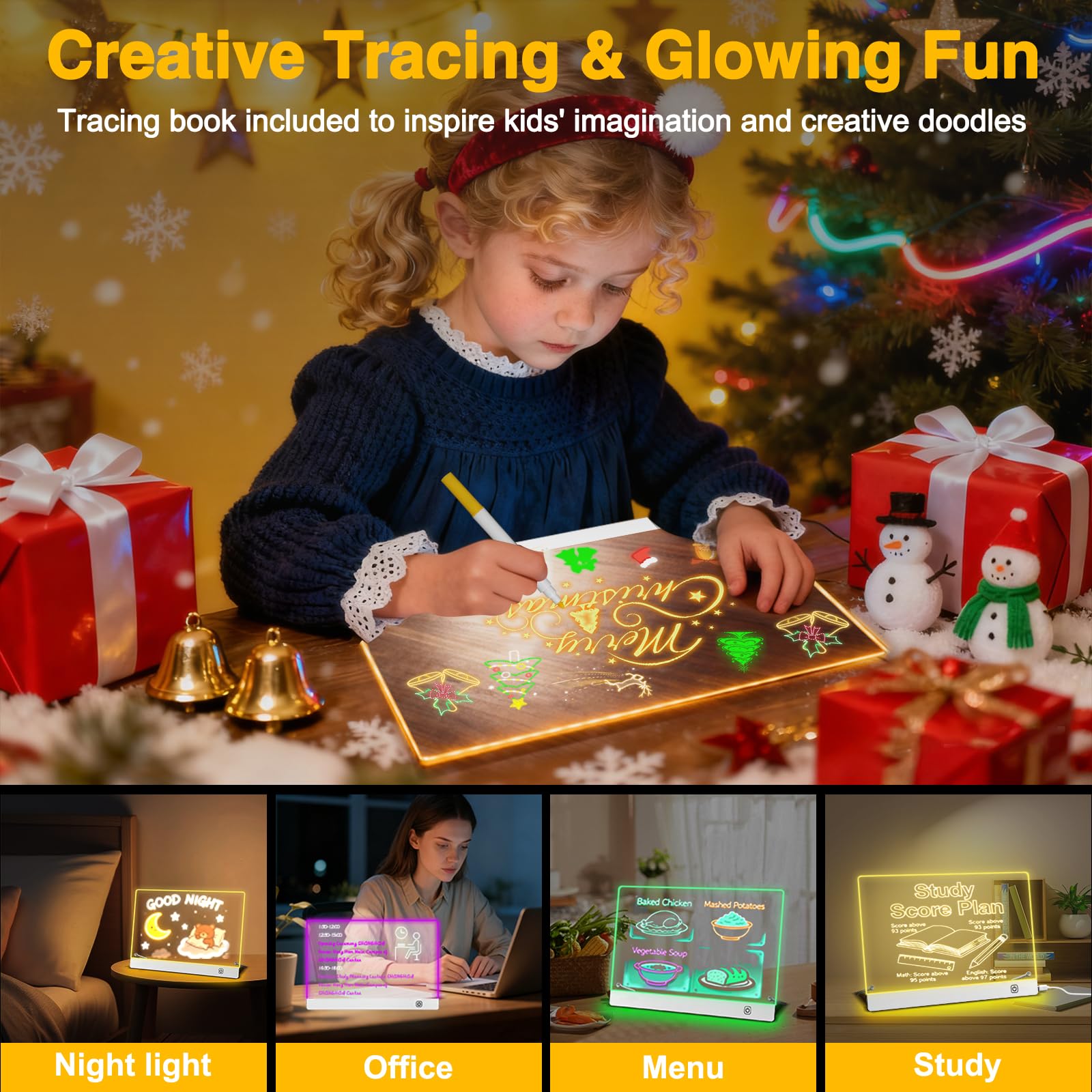 Tablero Acrílico Luminoso LED 30x20cm 7 Colores Bolígrafo Soporte Ajustable