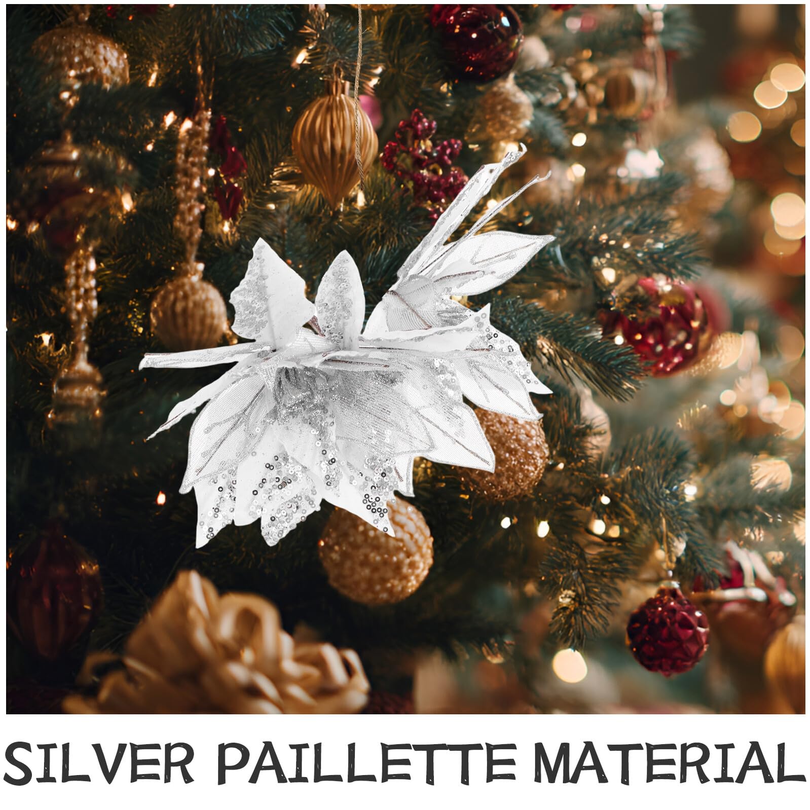 GARVALON 6 Stück Silberne Poinsettia Weihnachtsblumen Künstliche Glitzerornamente mit Stiel für Weihnachtsbaum Weihnachtskranz Neujahrsdeko Hochzeit Festliche Blumendeko