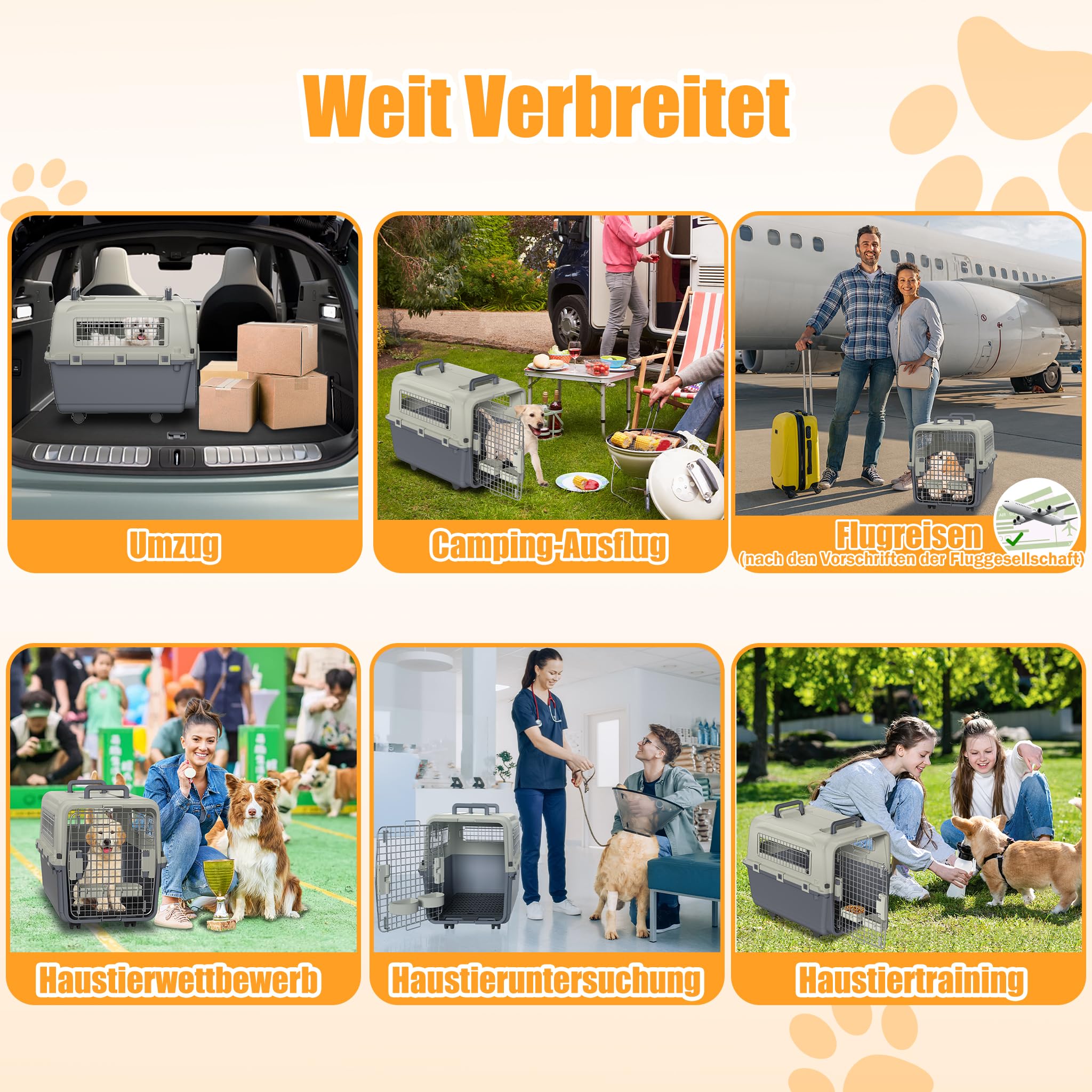 XMTECH Hundetransportbox Transportbox Flugzeugbox für Tiere, Reisebox für Hunde, mit Sicherheitsverriegelung & Lüftungsgitter, L 67 x B 51 x H 45 cm