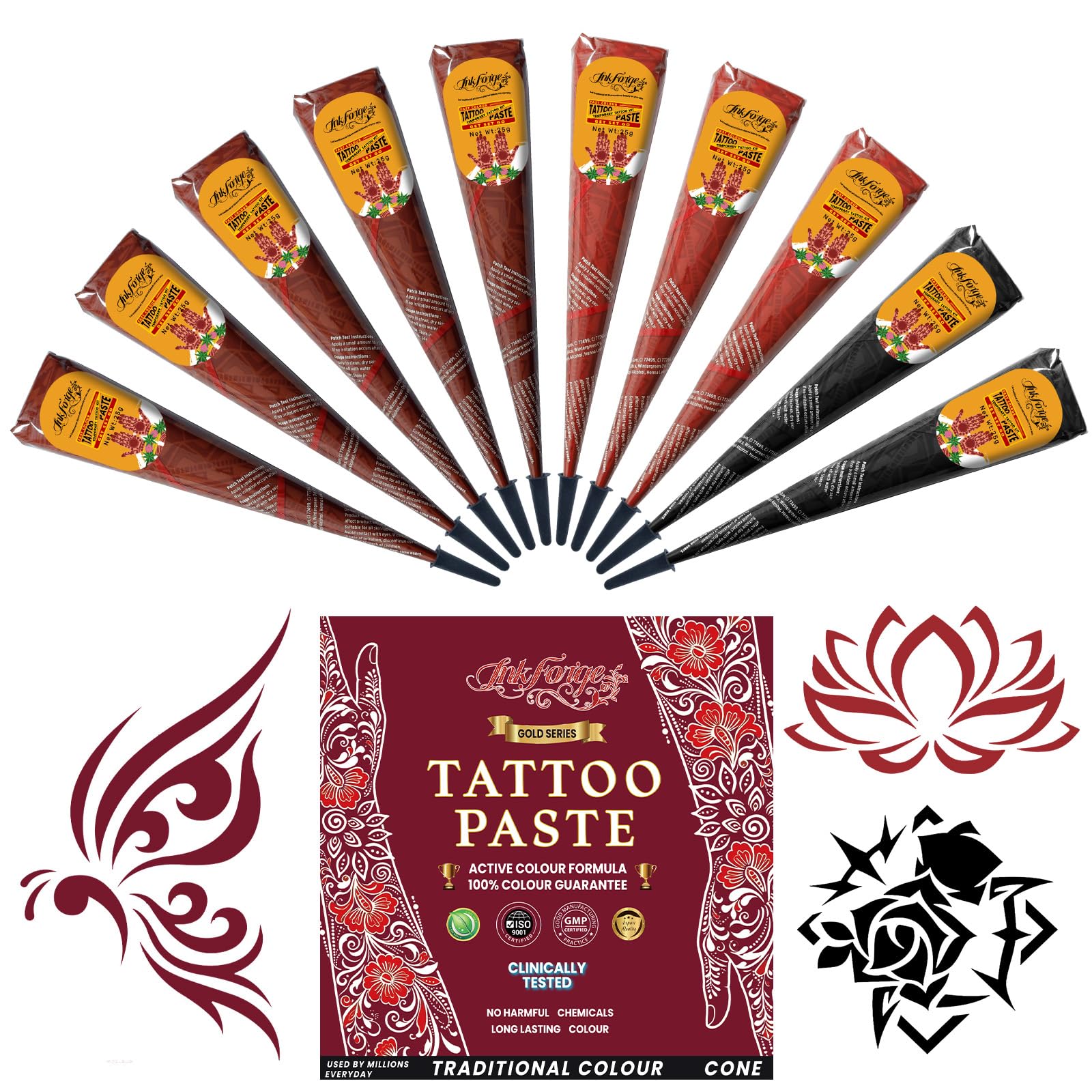Temporary Tattoo Cone Kit:10 Pcs 3 Color (5 Reddish-Brown/2 Black/3 Cherry) 10P-Reddish Brown5 Black2 Cherry Red3