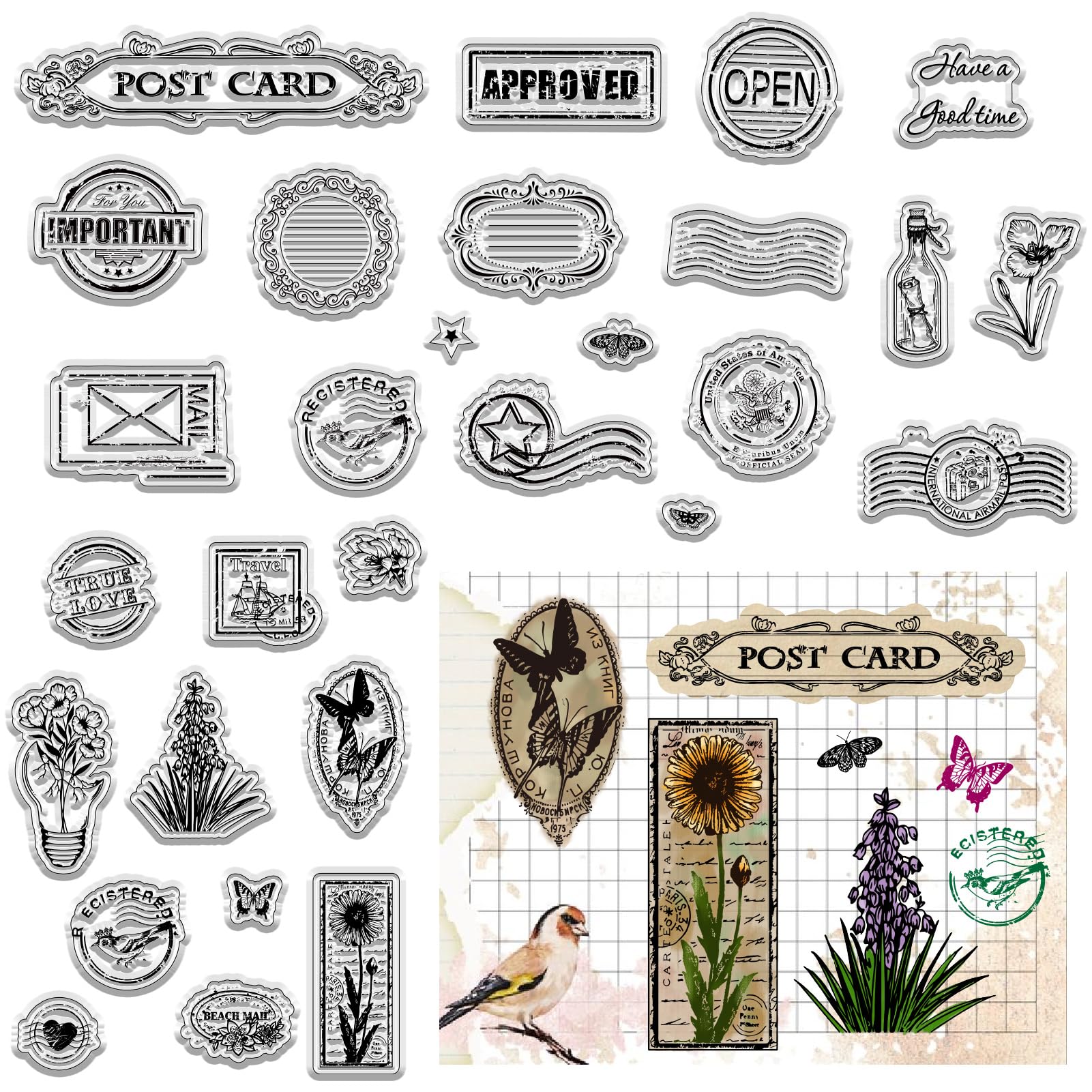 CRASPIRE 2 Sheets Postmark Clear Rubber Stamps Postcard Label Frame Vintage Reusable Transparent Silicone Stamp Seals for Journaling Card Making Scrapbooking Photo Album Decorative DIY Christmas