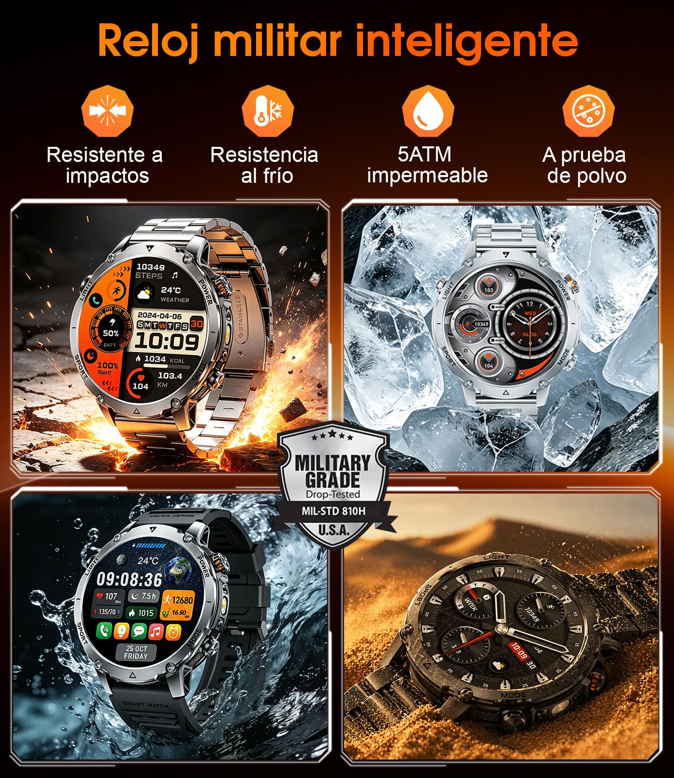 LIGE Smartwatch Hombre Militar, Batería 1400mAh, Pantalla HD 1,7", Llamadas Bluetooth, 110+ Modos Deportivos, Linterna LED, IP68 Impermeable, Reloj Inteligente Hombre Android iOS, 2 Correa