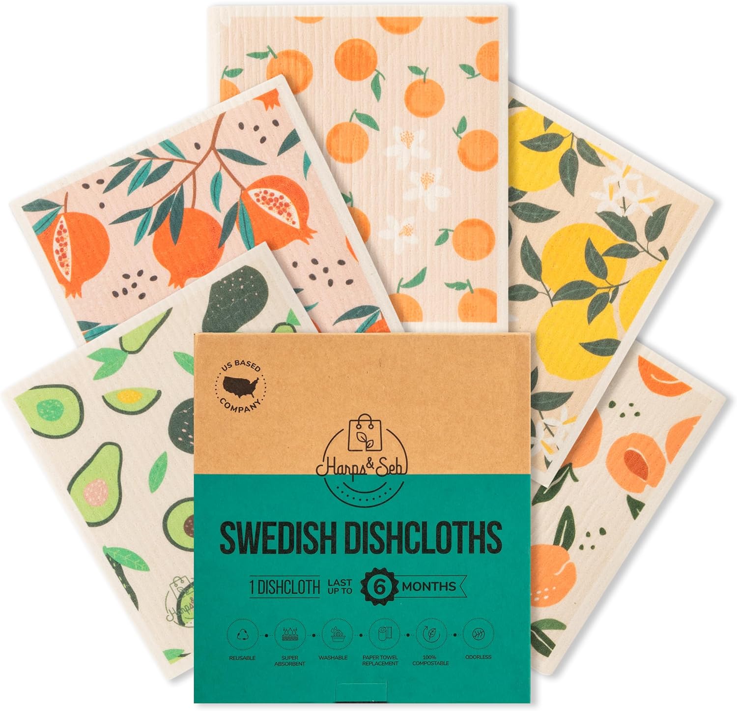 Harps&Seb Swedish Dishcloths for Kitchen Dish Towels - 5 Pack, Non-Scratch Reusable Paper Towels, Super Absorbent Washable Swedish Dish Cloths, No Odor, Biodegradable, Fruit Design