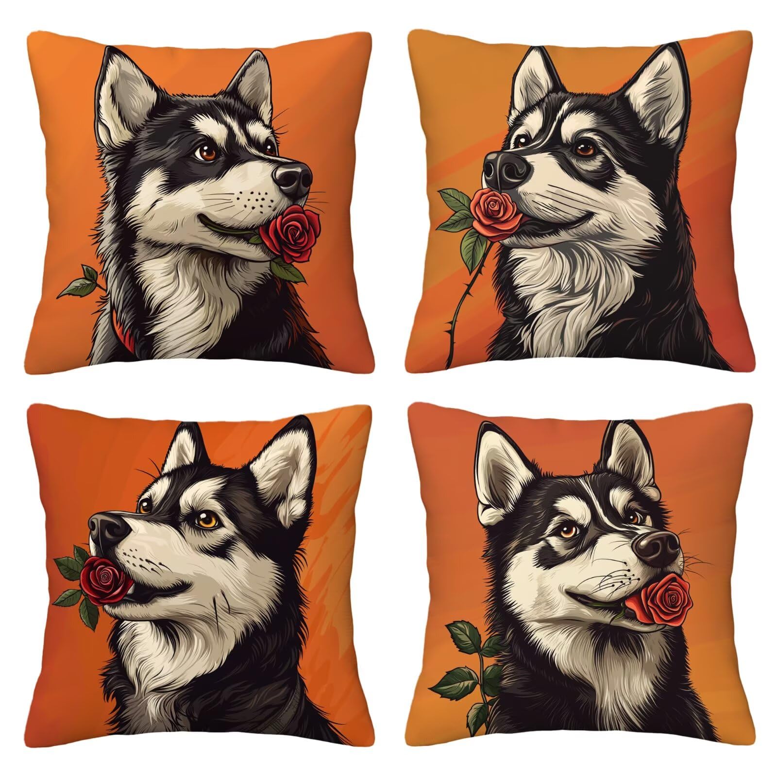 Juego de 4 Funda de Cojín Exterior Impermeable, 55x55 cm Fundas Cojínes Perro de Lino, Exterior Impermeable Lino Cojín Rosa Decorativo, Fundas de Almohada para Patio Balcón Jardín Sofá Oficina O-49
