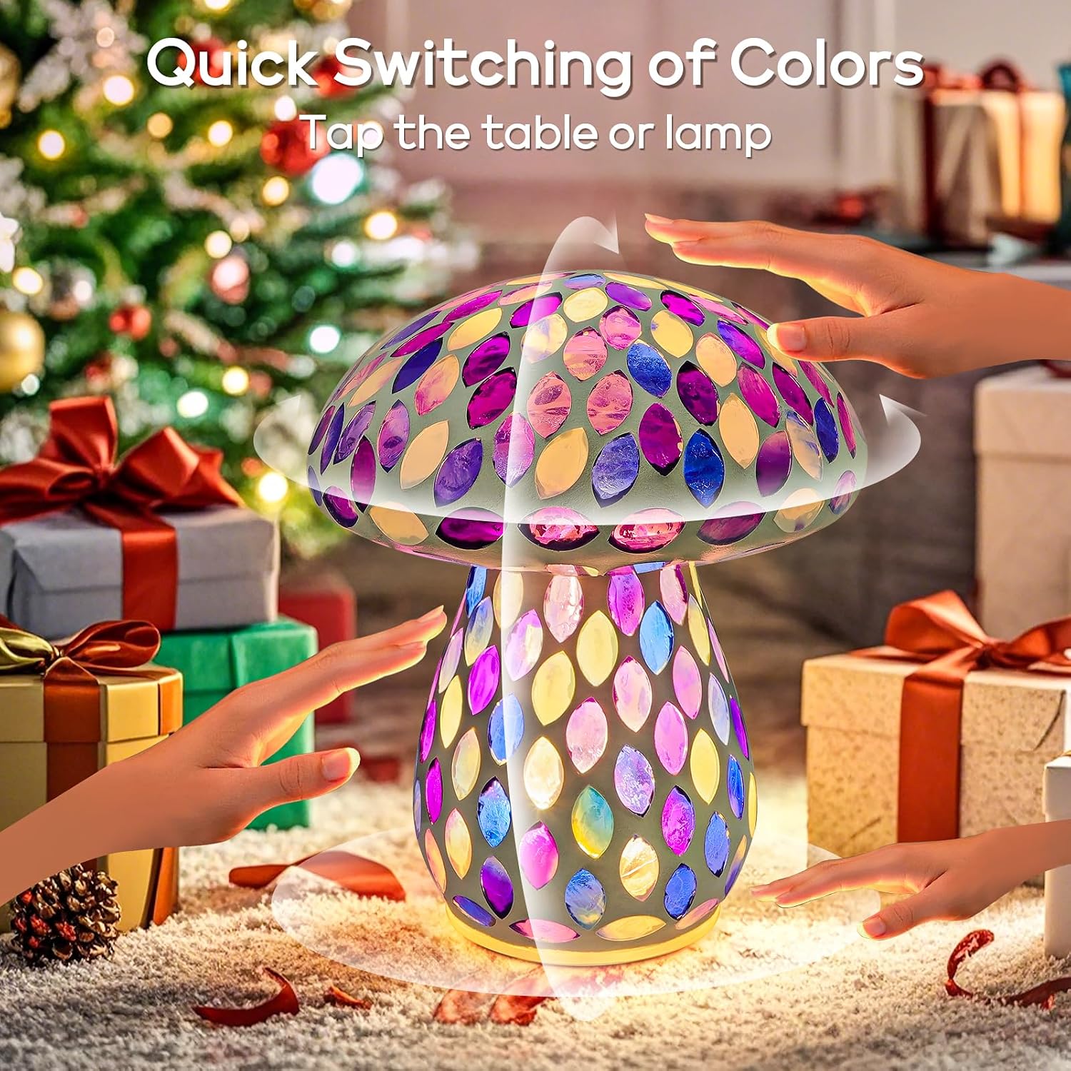 Table Mushroom Lamp for Room Decor: Rechargeable Cordless Glass Bedside Table Lights - 5 Colors 2 Lighting Modes Touch Control - Cute Nightstand Purple Lamp for Ambient, Kids, Bedroom, Living Room