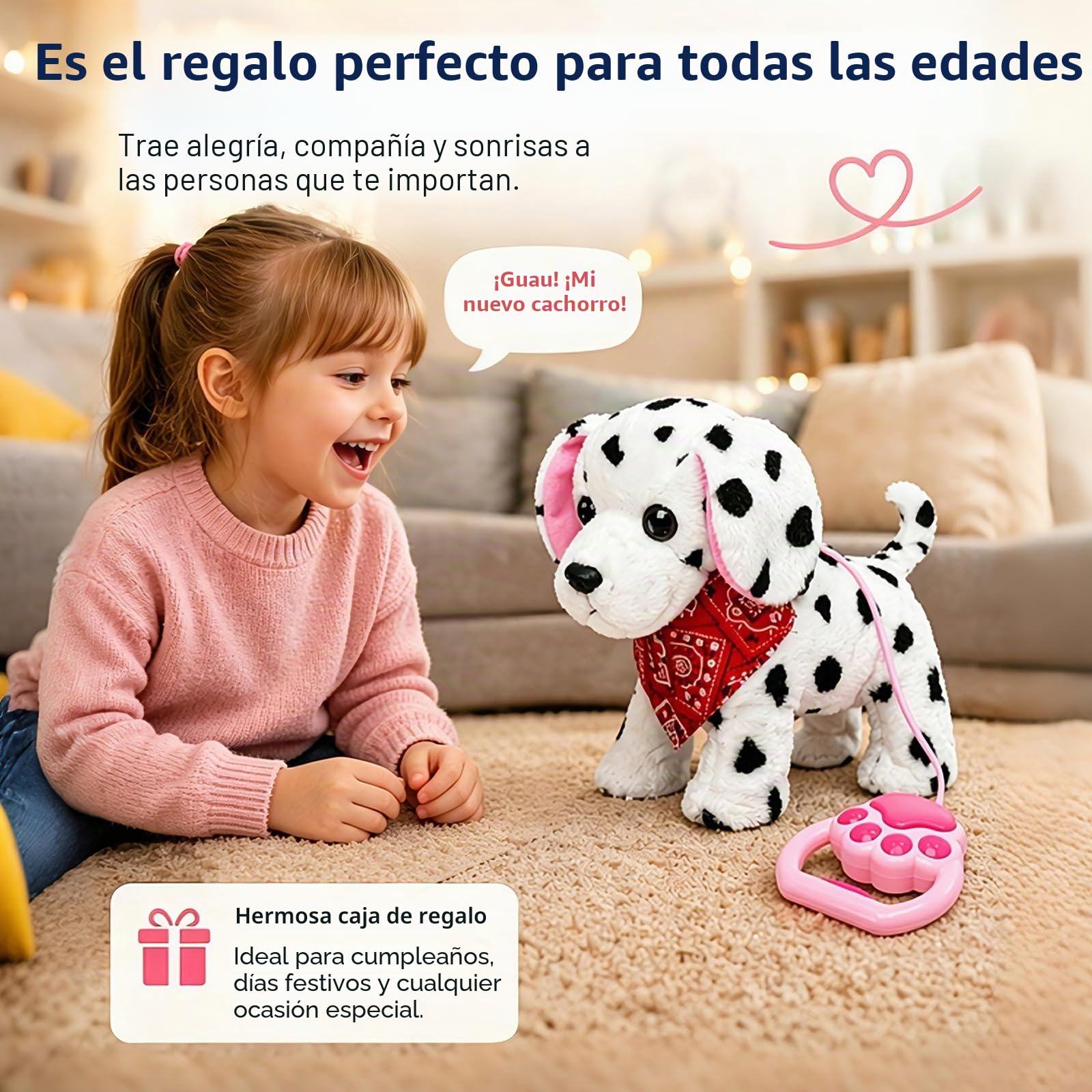 YH YUHUNG Perro Dálmata de Juguete Que Camina y Ladra, Peluche Interactivo con Correa y Pañuelo Rojo, Mascota Electrónica para Niños 3 Años+ (Dálmata)