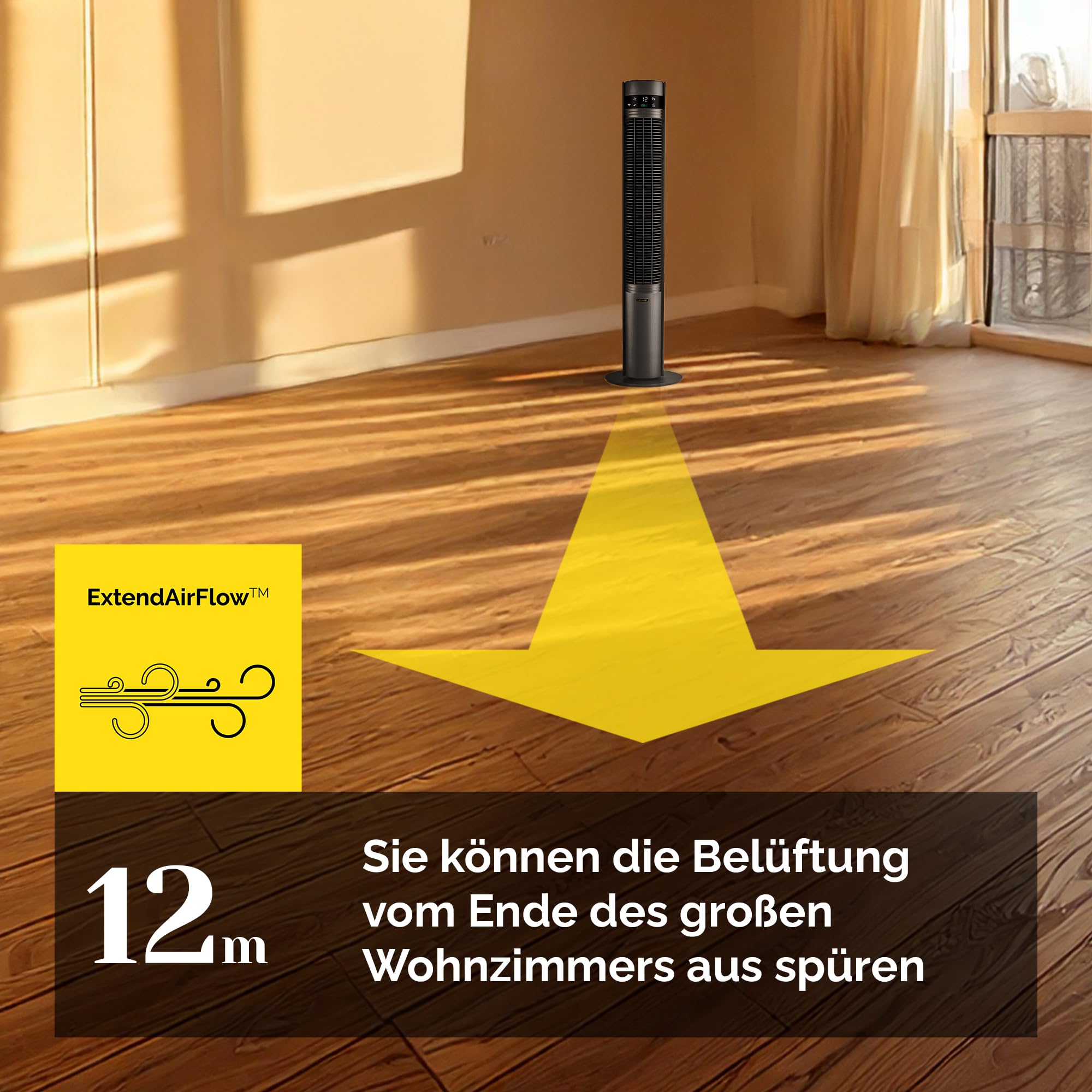 YOER CoolWhisper TF07G Leiser Turmventilator, 19dB, 12 m Wurfweite, WLAN & App, 12 Geschwindigkeitsstufen, 80° Oszillation, Plasma-Ionisator, grau