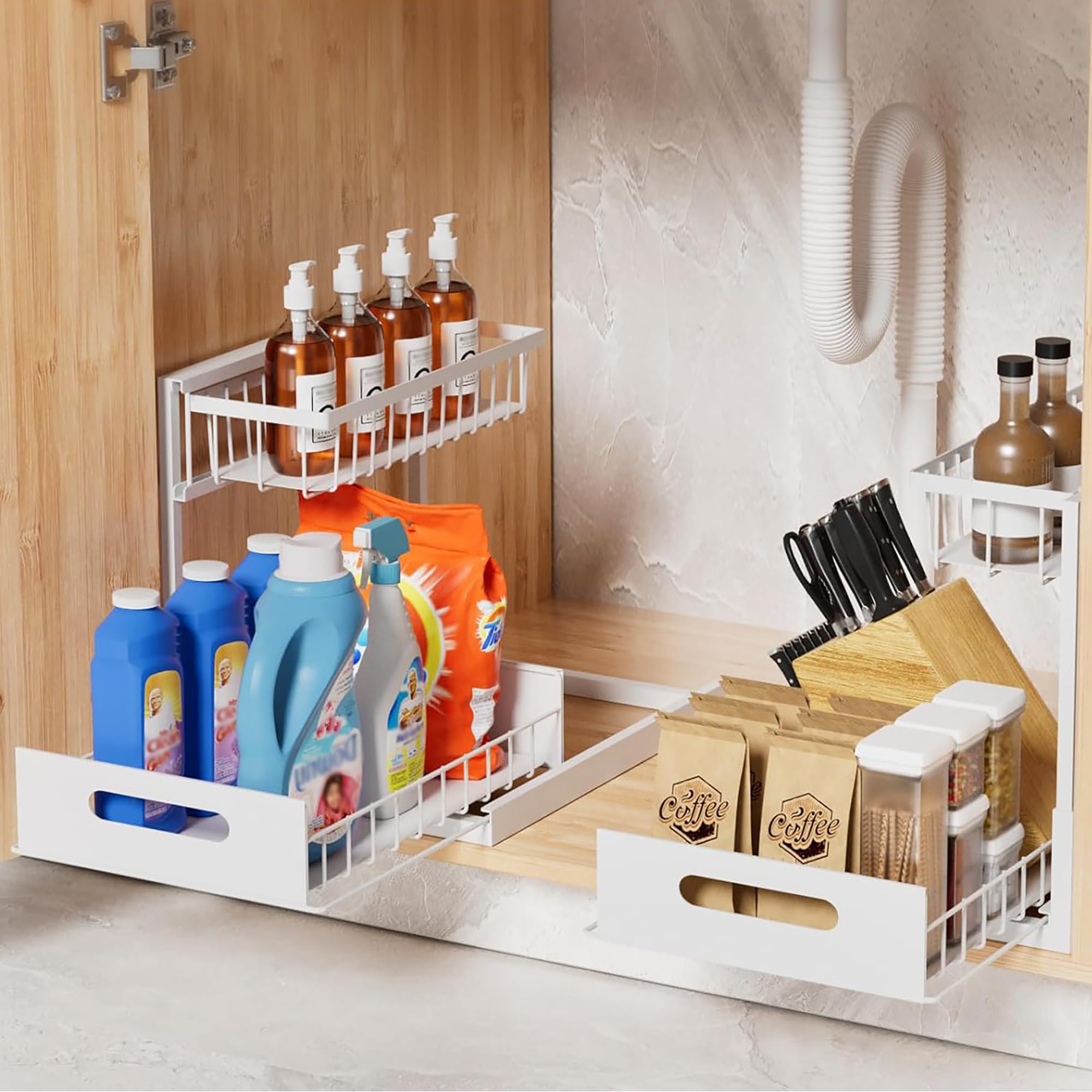 Aoresac Organizador Cocina 2 Paquete Deslizantes 2 Niveles para Debajo del Fregadero, Extraíble Estante Almacenamiento, Forma de L (Blanco)