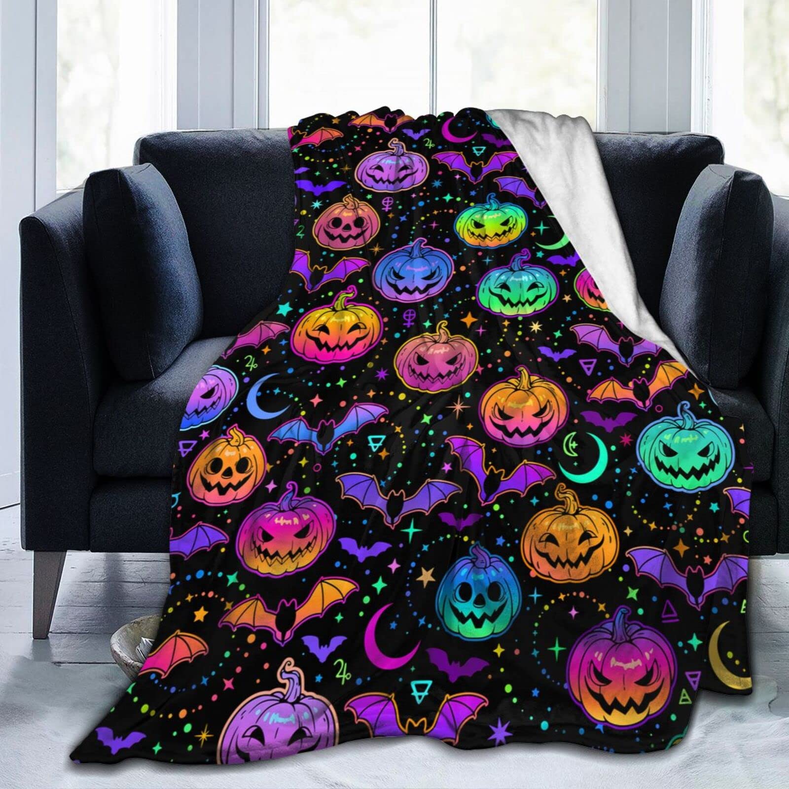 Lsjuee Bright Multicolored Halloween Pumpkins Bats Stars Throw Blanket Warm Cozy Blankets Lightweight Soft Cozy Flannel Funny Halloween Blanket for Sofa Couch Bed Home Decoration 80"X60"
