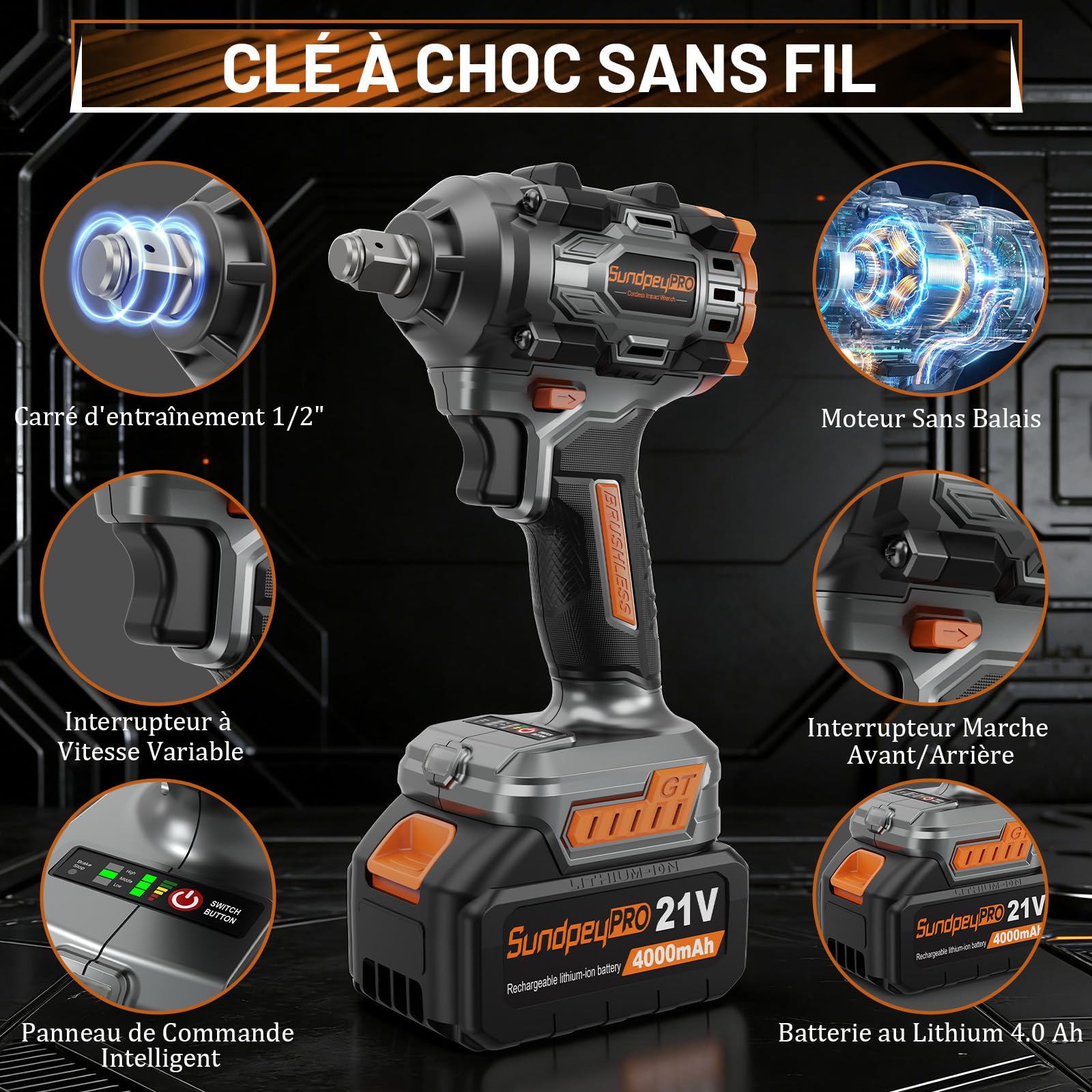 Clé à Choc Sans Fil 1000 Nm, Boulonneuse à Choc Électrique 21V avec 2 Batteries 4.0Ah et 6 Douilles, Moteur Brushless, pour Démontage de Roues, Mécanique Auto et Bricolage