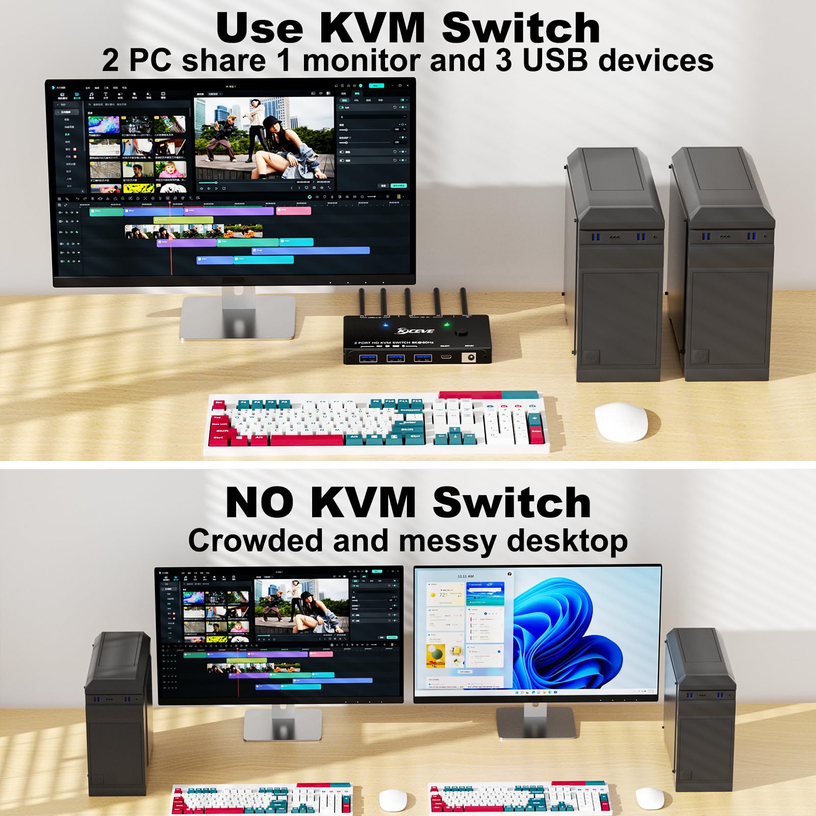 Commutateur KVM HDMI 2 PC 1 moniteurs 8K@60Hz 4K@120Hz, ESKEVE USB3.0 Switch KVM pour 2 PC partageant 1 moniteur et 3 périphériques USB 3.0, avec câble USB, adaptateur secteur et télécommande par