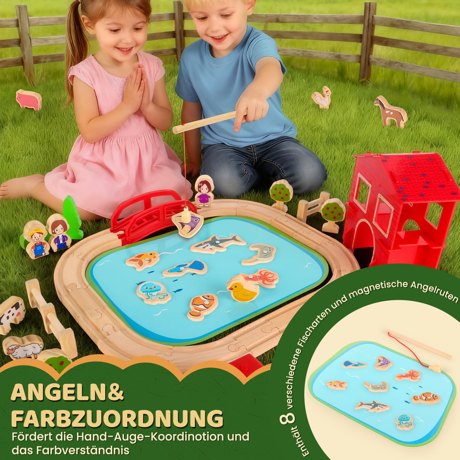 Eisenbahn Holz Set, 100 Stück Holzeisenbahn Schienen Bauernhof Thema holzschienen Eisenbahn mit Kleiner Zug, Teich, kleine Tiere für Jungen und Mädchen von 3+ Jahren