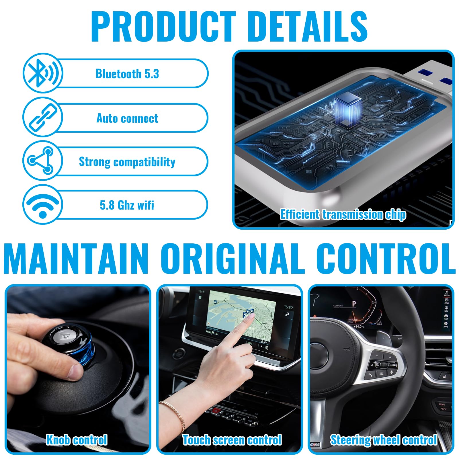 Adaptador CarPlay Inalámbrico 2 en 1, Mini CarPlay Inalámbrico 2 en 1 para Apple CarPlay/Android Auto Plug and Play, Bluetooth y WiFi, Conexión Automática, para iPhone iOS 10+ y Android 11+