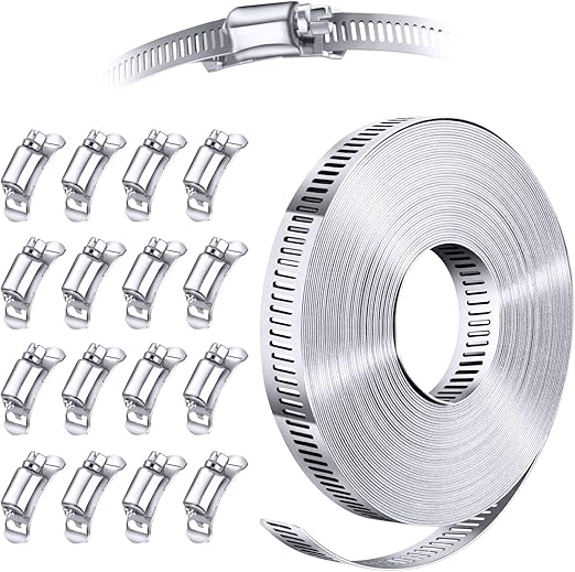 304 Stainless Steel Hose Clamp Assortment Kit DIY, Cut-To-Fit 35 FT Metal Strap+16 Stronger Fasteners, Large Adjustable Worm Gear Hose Clamps Screw Clamps Duct Pipe Metal Clamp Strapping
