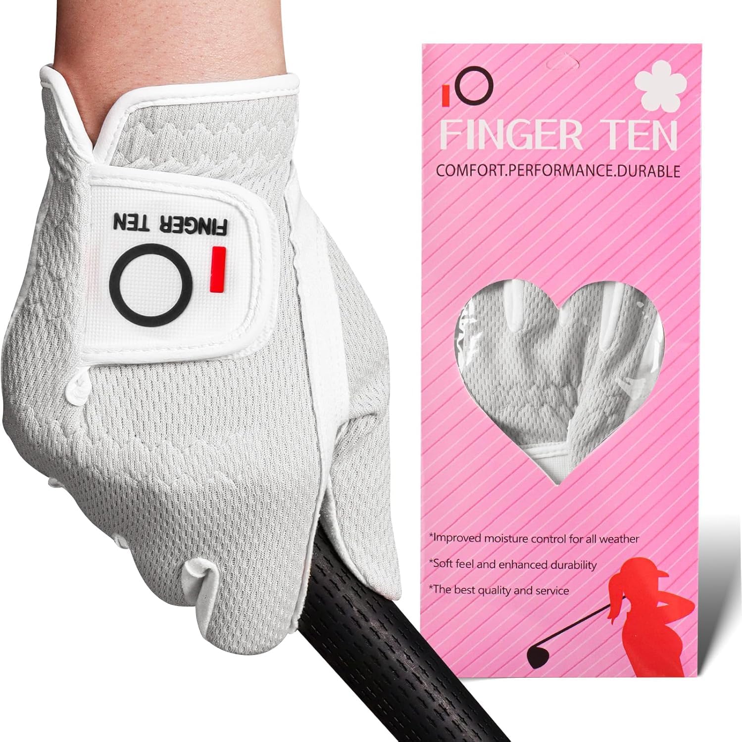 FINGER TEN Golf Gloves Women Left Hand Right Microfiber All Weather Grip Rain Hot Wet Value Pack, Ladies Golf Gloves Soft Flexible Durable Wear Resistance Good Grip (White, XS, Right)